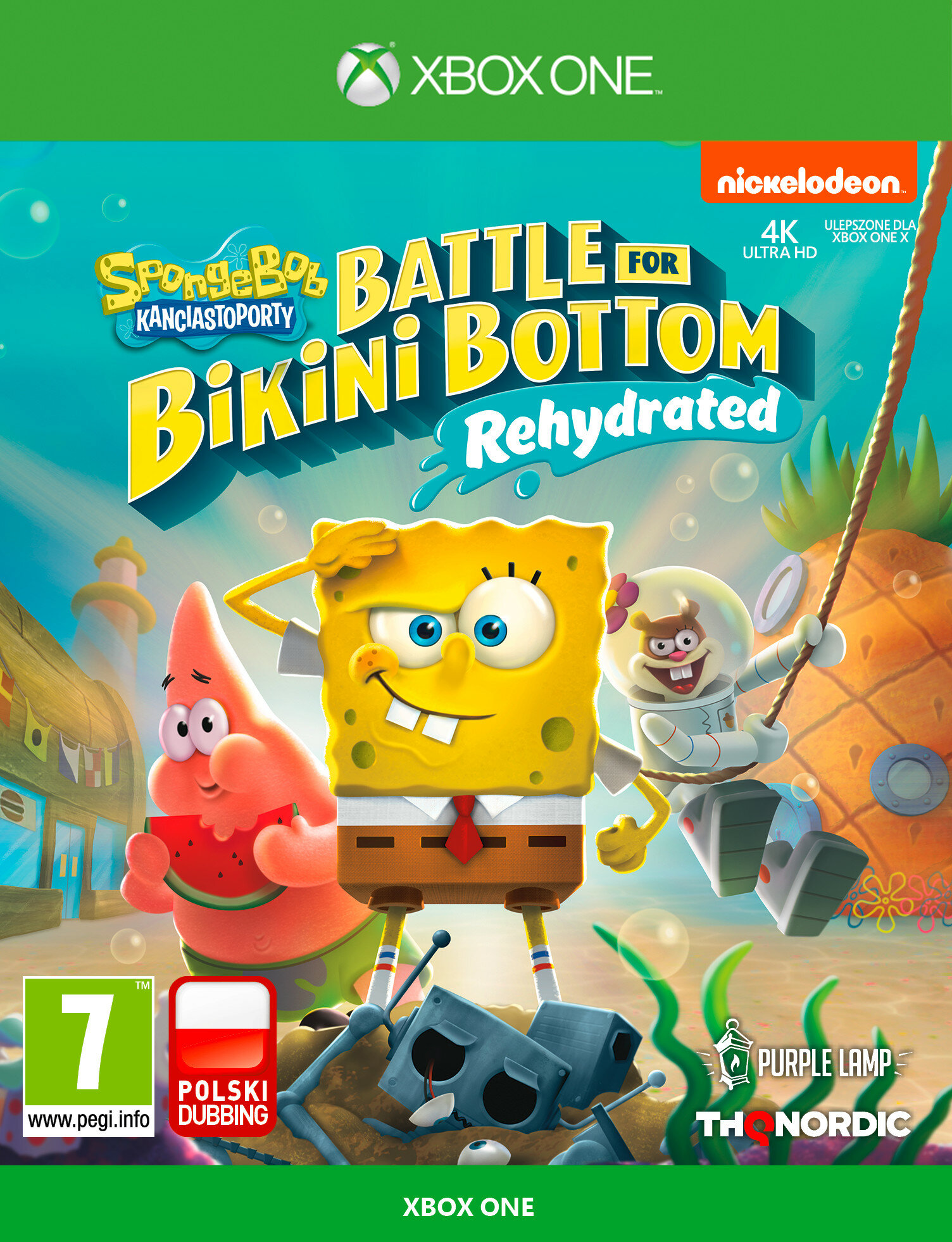 Pudełko z grą wideo SpongeBob Kanciastoporty: Battle for Bikini Bottom - Rehydrated. Okładka przedstawia SpongeBoba i przyjaciół.