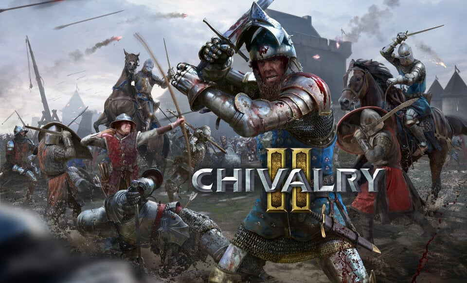 Scena bitwy średniowiecznej z rycerzami na koniach. Strzały lecą, rycerze walczą. Logo Chivalry 2 w centrum.