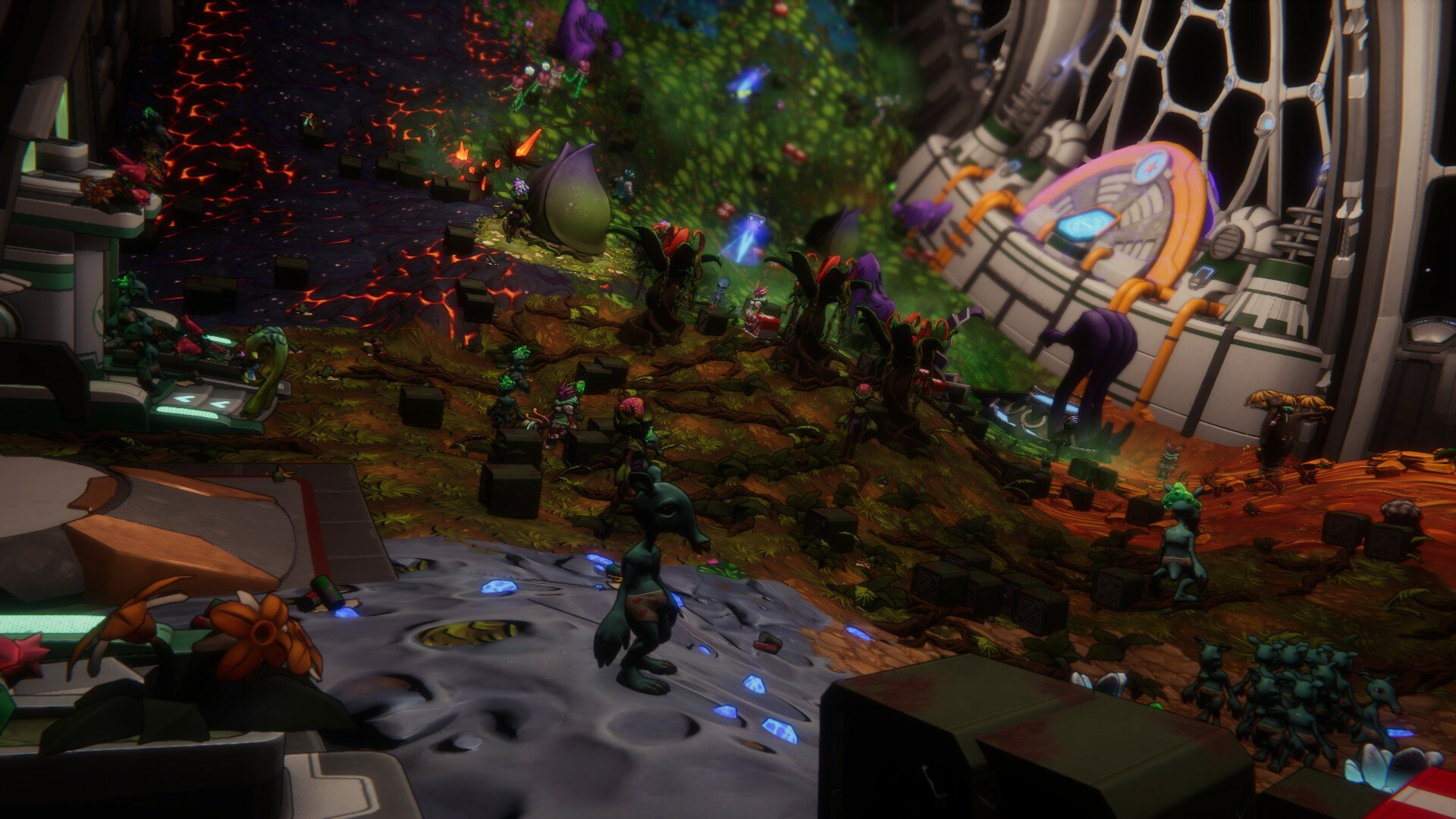 Środowisko science-fiction z obcymi formami życia i strukturami, kolorowe i szczegółowe.