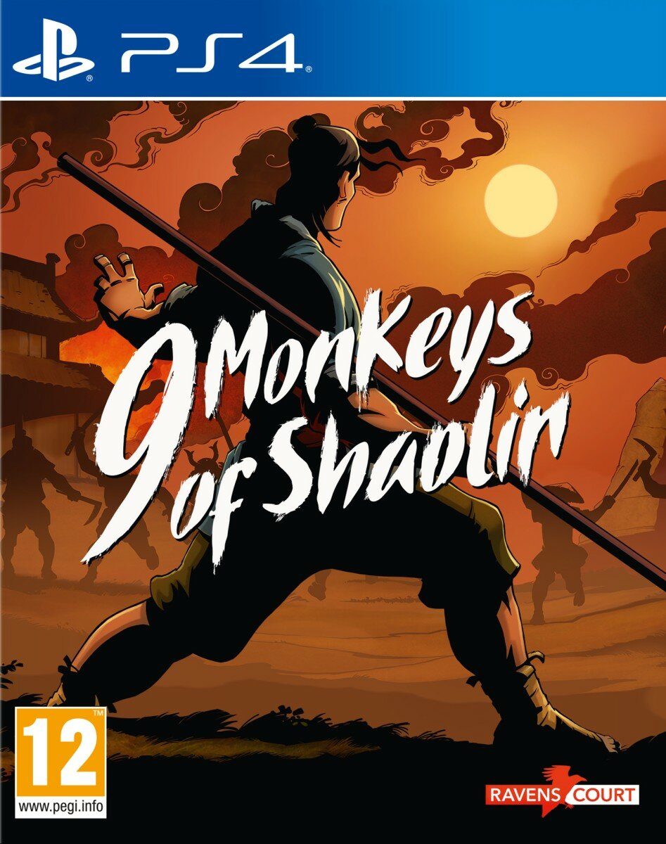 Okładka gry na PS4: 9 Monkeys of Shaolin, mężczyzna z laską w pozie, tło zachodu słońca.