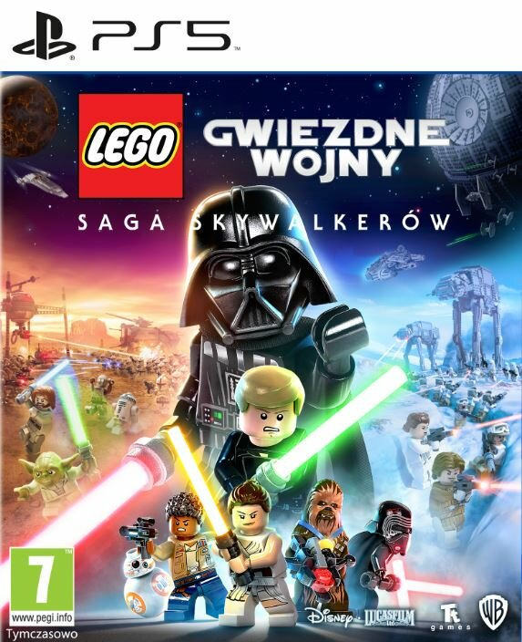 Okładka gry LEGO Star Wars z Darthem Vaderem. Postacie z mieczami świetlnymi z przodu, statki kosmiczne w tle.