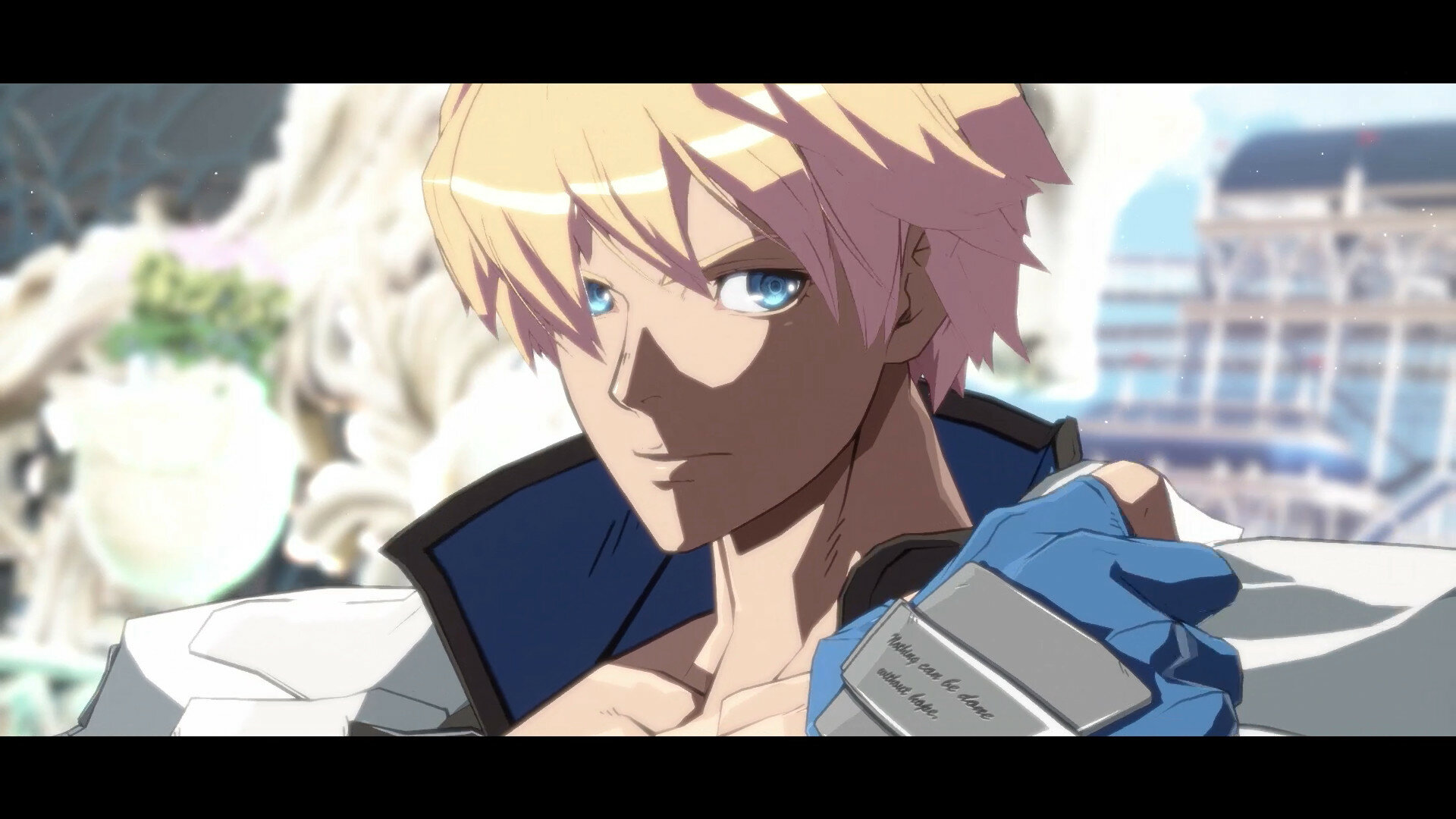Męska postać z anime z blond włosami, niebieskimi oczami i zdecydowanym wyrazem twarzy. Ma na sobie niebieską kurtkę.