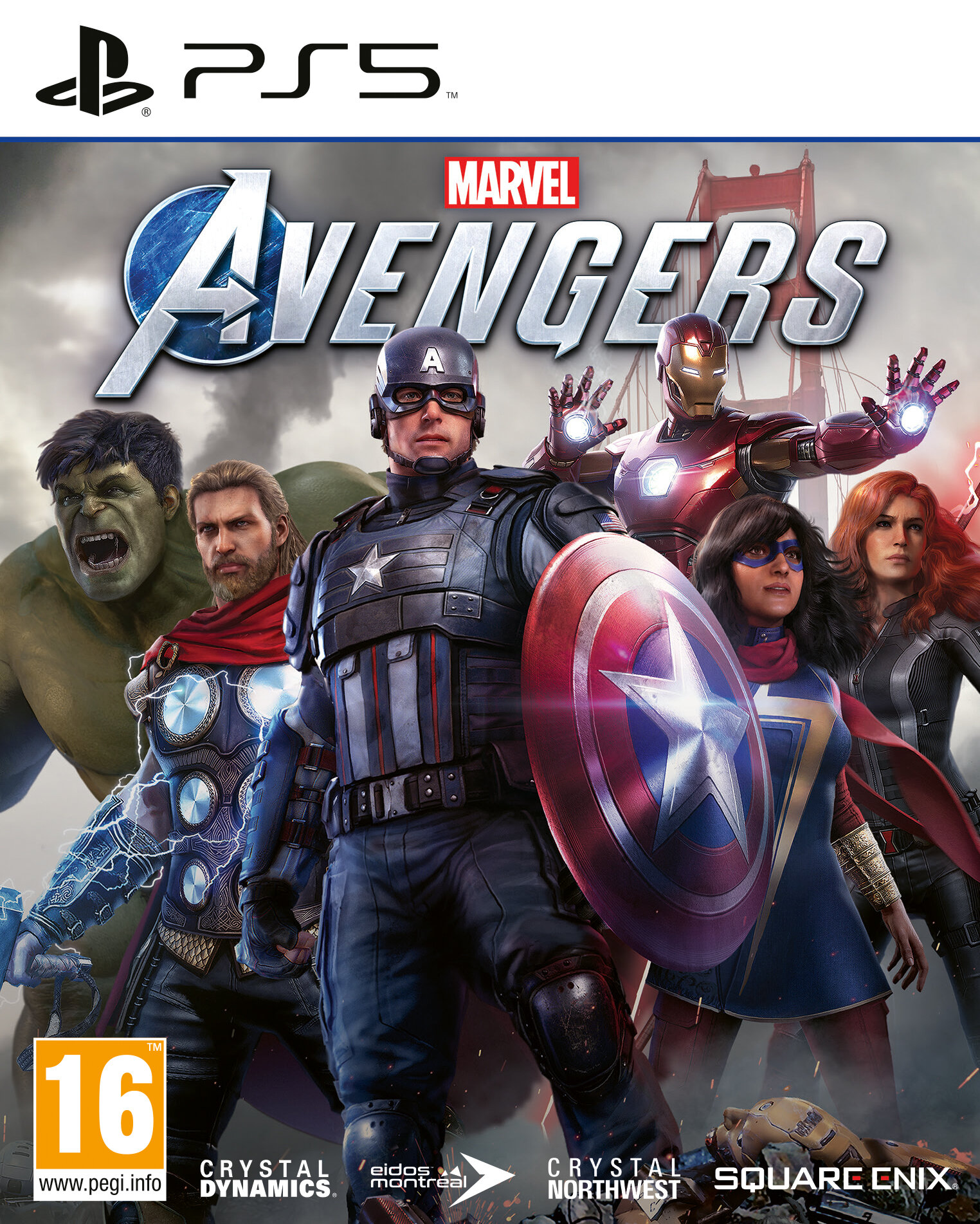 Okładka gry Marvel's Avengers na PS5, z bohaterami i logo.