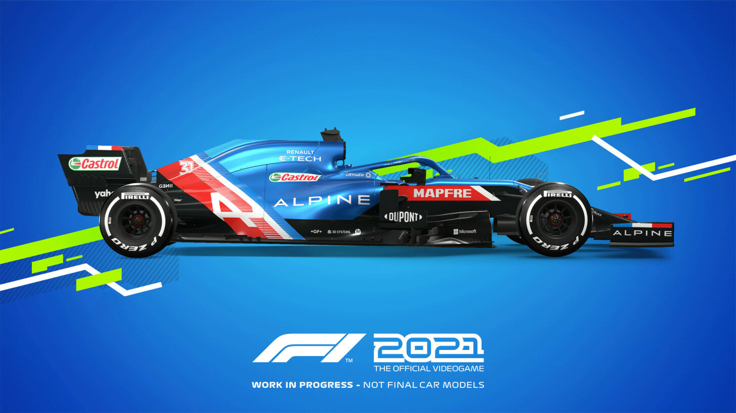 Samochód F1 2021, Alpine, na niebieskim tle, z tekstem.