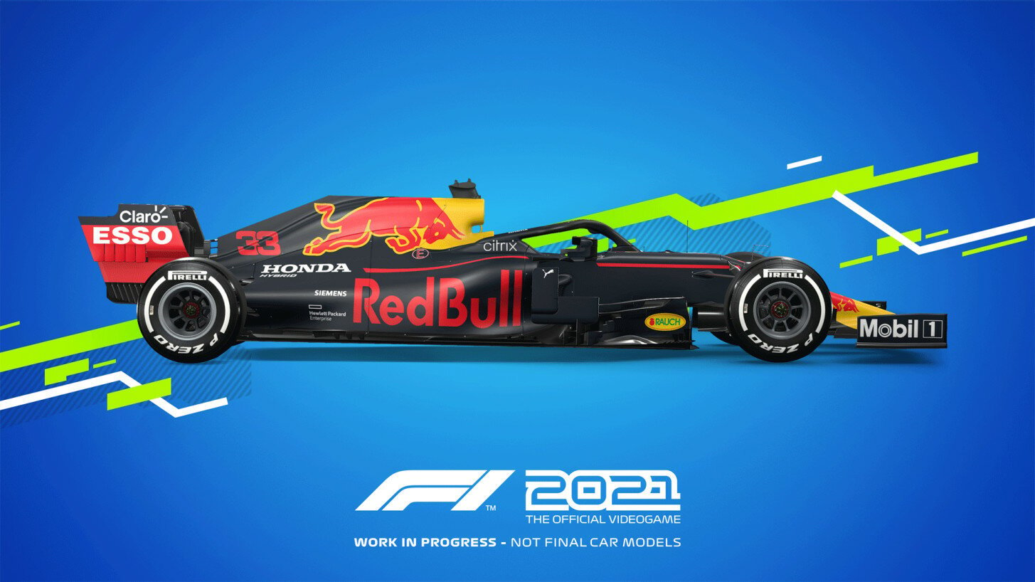 Czarny i czerwony samochód wyścigowy F1 z logo sponsorów na niebieskim tle. Tekst 'F1 2021' na dole.