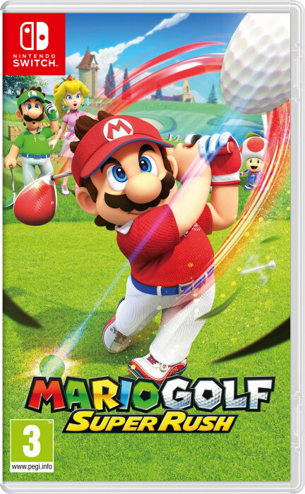 Okładka gry Mario Golf: Super Rush. Mario wykonuje zamach kijem golfowym na zielonym polu golfowym. Inne postacie obecne.