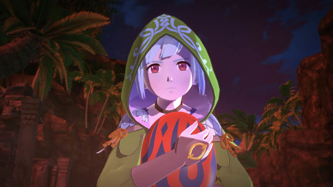 Kobieta z zielonym kapturem trzyma jajko w czerwono-niebieski wzór.