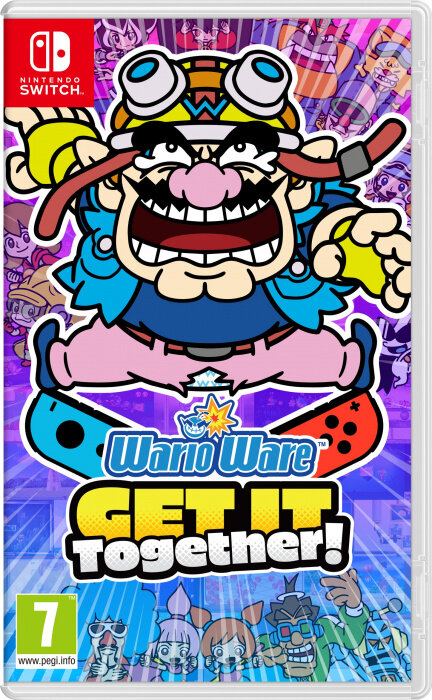 WarioWare: Get It Together! Pudełko gry Nintendo Switch z kolorowymi postaciami i logo.