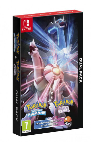 Pudełko z grą Pokémon Brilliant Diamond & Shining Pearl Dual Pack na białym tle.
