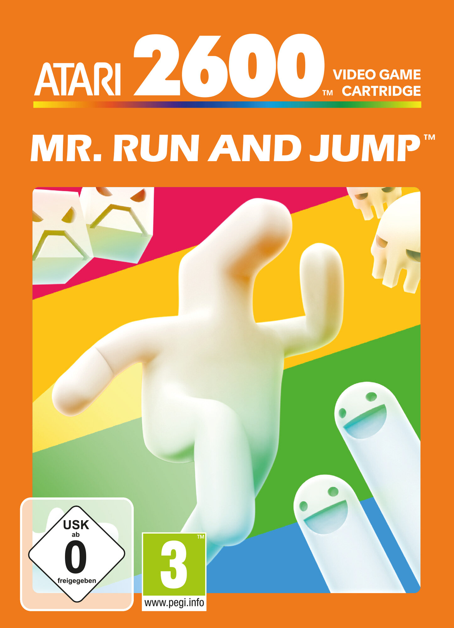 Okładka gry Atari 2600. Biała postać skacze na tęczowym tle. Pomarańczowa ramka. Tytuł: Mr. Run and Jump.