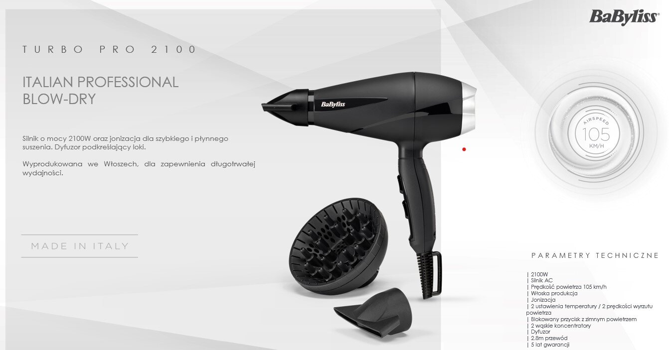 Czarna i srebrna suszarka do włosów z dyfuzorem i dyszą.