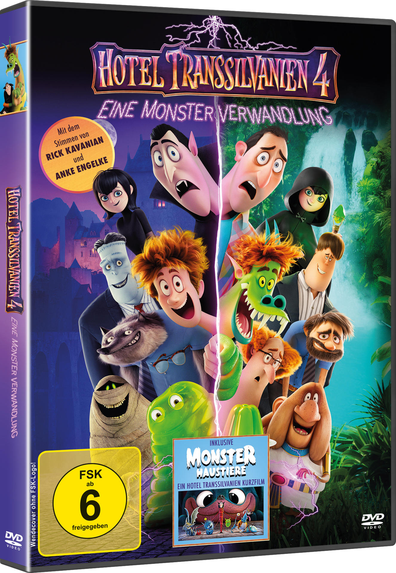 DVD-Cover, Hotel Transsilvanien 4. Cartoon-Figuren, lebendige Farben. Titel und Schauspielernamen sind sichtbar.