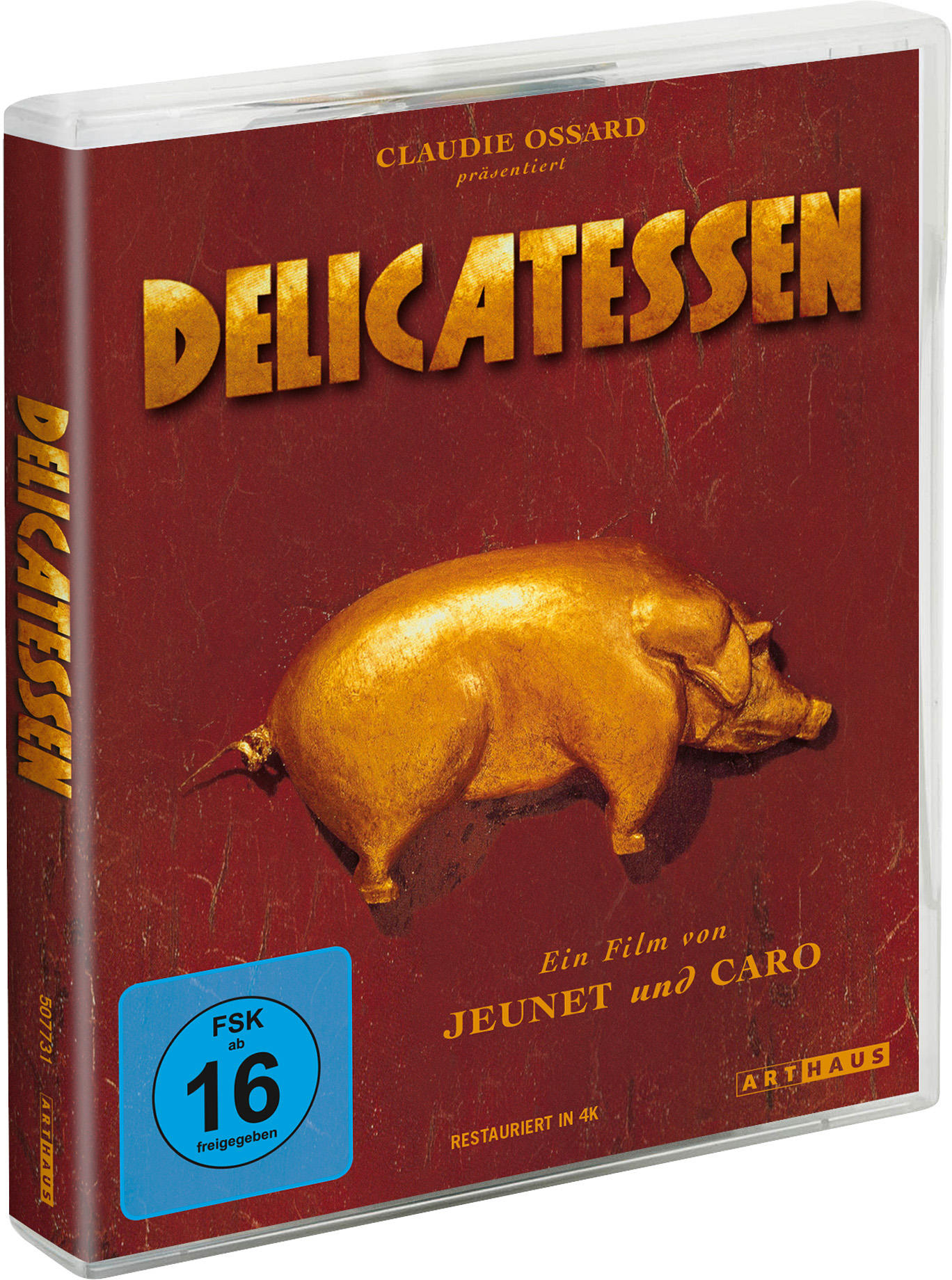 DVD-Cover von Delicatessen. Enthält ein goldenes Schwein, Titeltext und Filmcredits auf burgunderrotem Hintergrund.