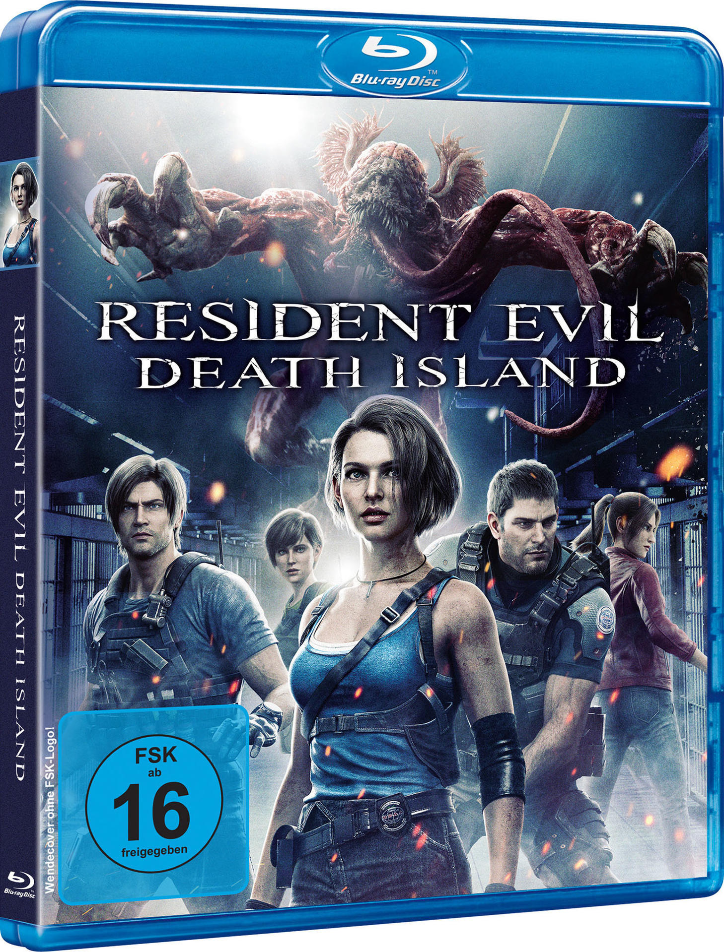 Blu-ray-Hülle für Resident Evil: Death Island mit Charakteren und einem grotesken Monster.