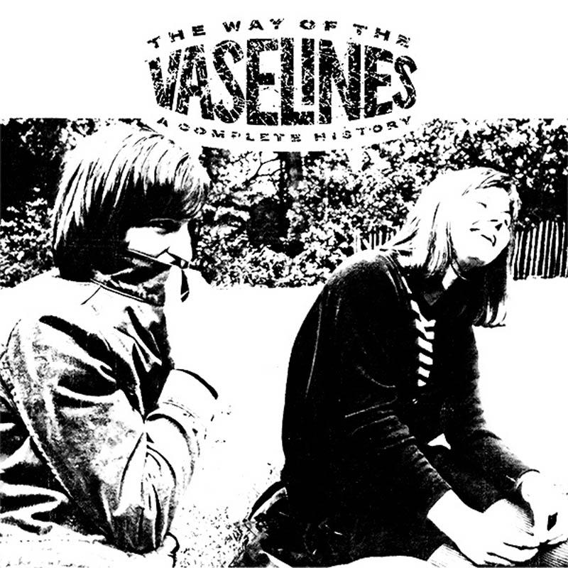 Schwarz-Weiß-Bild von zwei Personen, die auf einem Feld sitzen. Der Titel lautet 'THE VASELINES A COMPLETE HISTORY'.