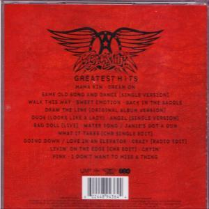 Die Rückseite einer Aerosmith Greatest Hits CD, mit Text, Logo und Barcode.