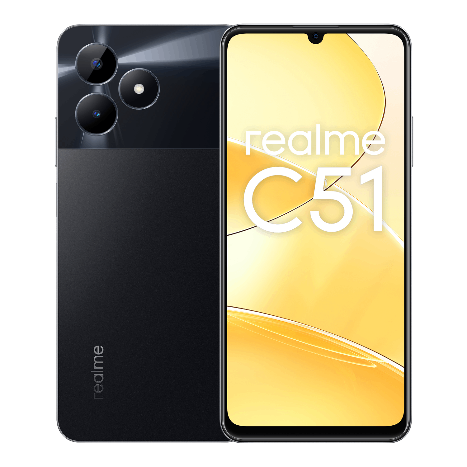 Smartphone realme C51 negro, con área de cámara negra y pantalla amarilla con texto blanco.