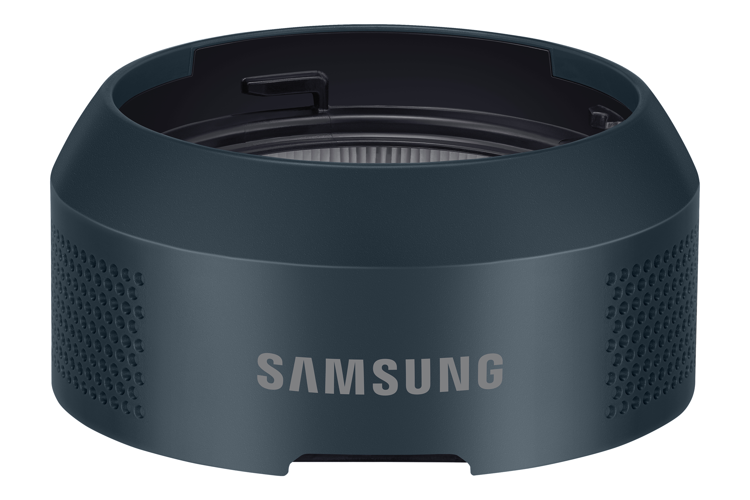 Blaugraues Samsung-Lautsprecherzubehör mit Markennamen. Es ist rund und hat Löcher.