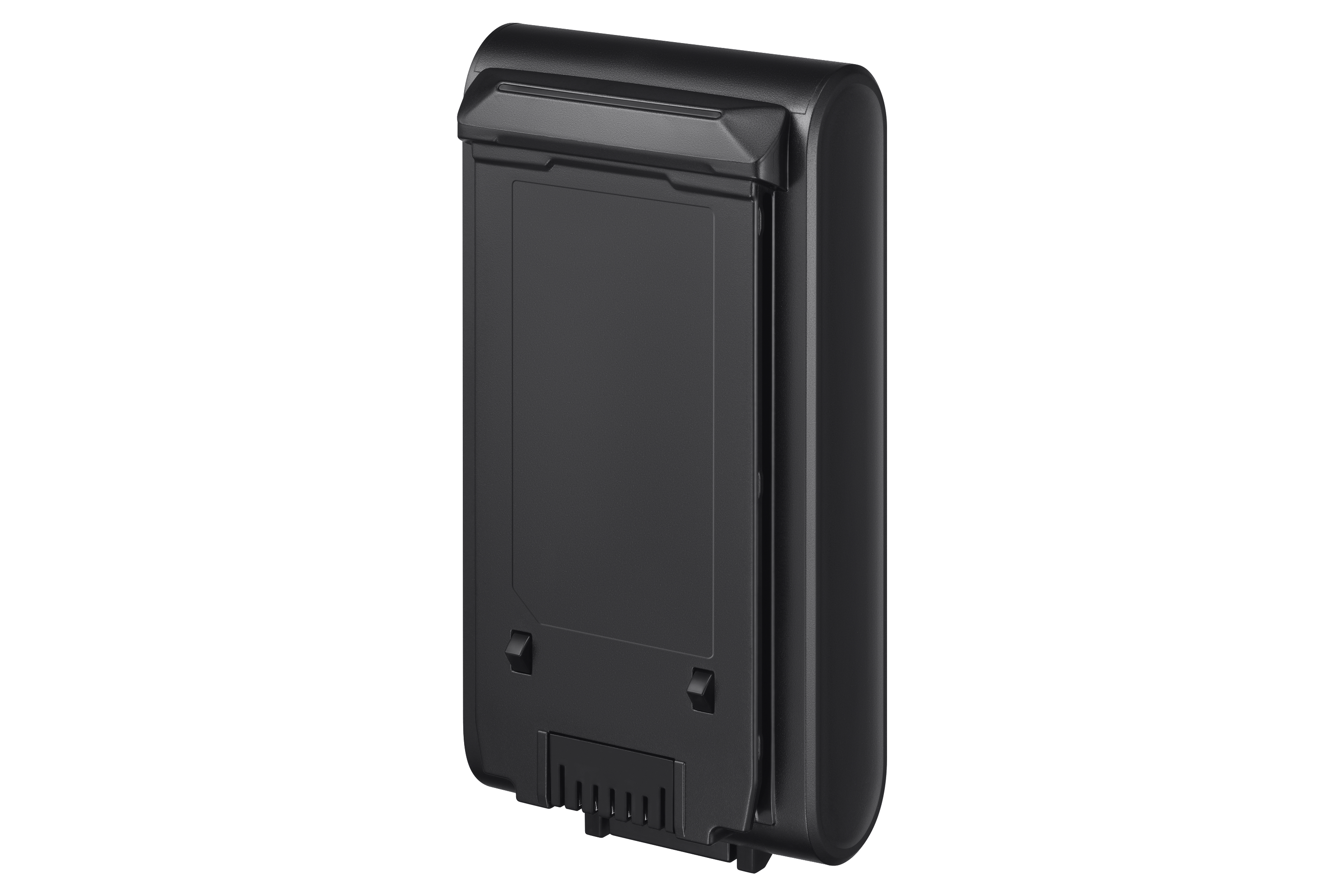 Ein schwarzes Batteriepack. Es ist rechteckig mit einer gewölbten Front und einer kleinen Entlüftung unten.