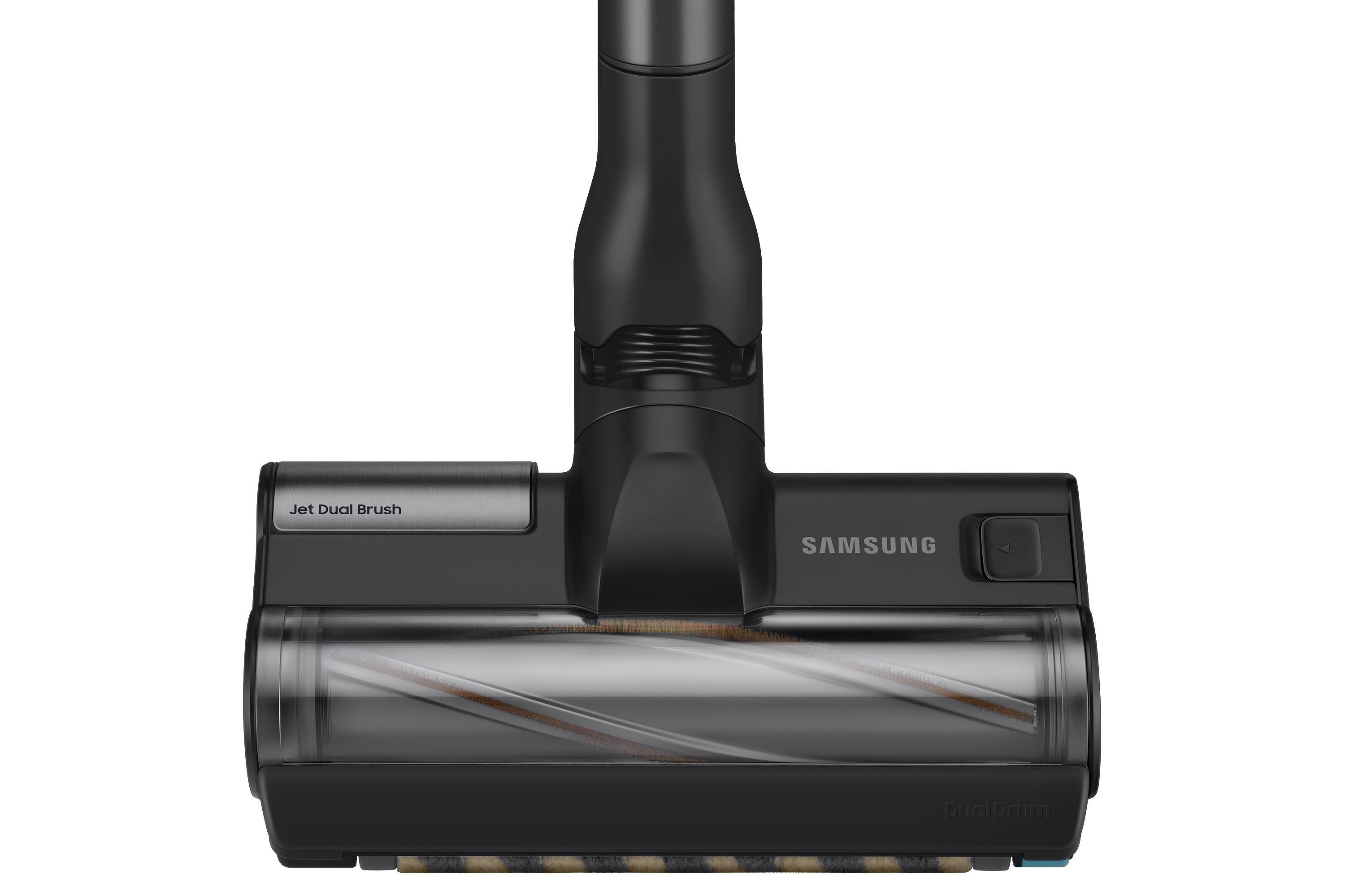 Schwarzer Staubsaugerkopf mit der Aufschrift 'Jet Dual Brush'.