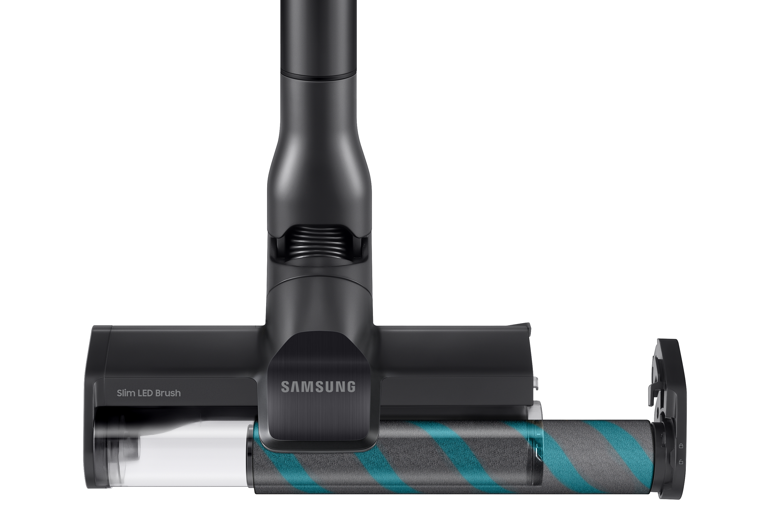 Nahaufnahme eines schwarzen Samsung Staubsaugerkopfes. Die Bürste und die Walze sind sichtbar.