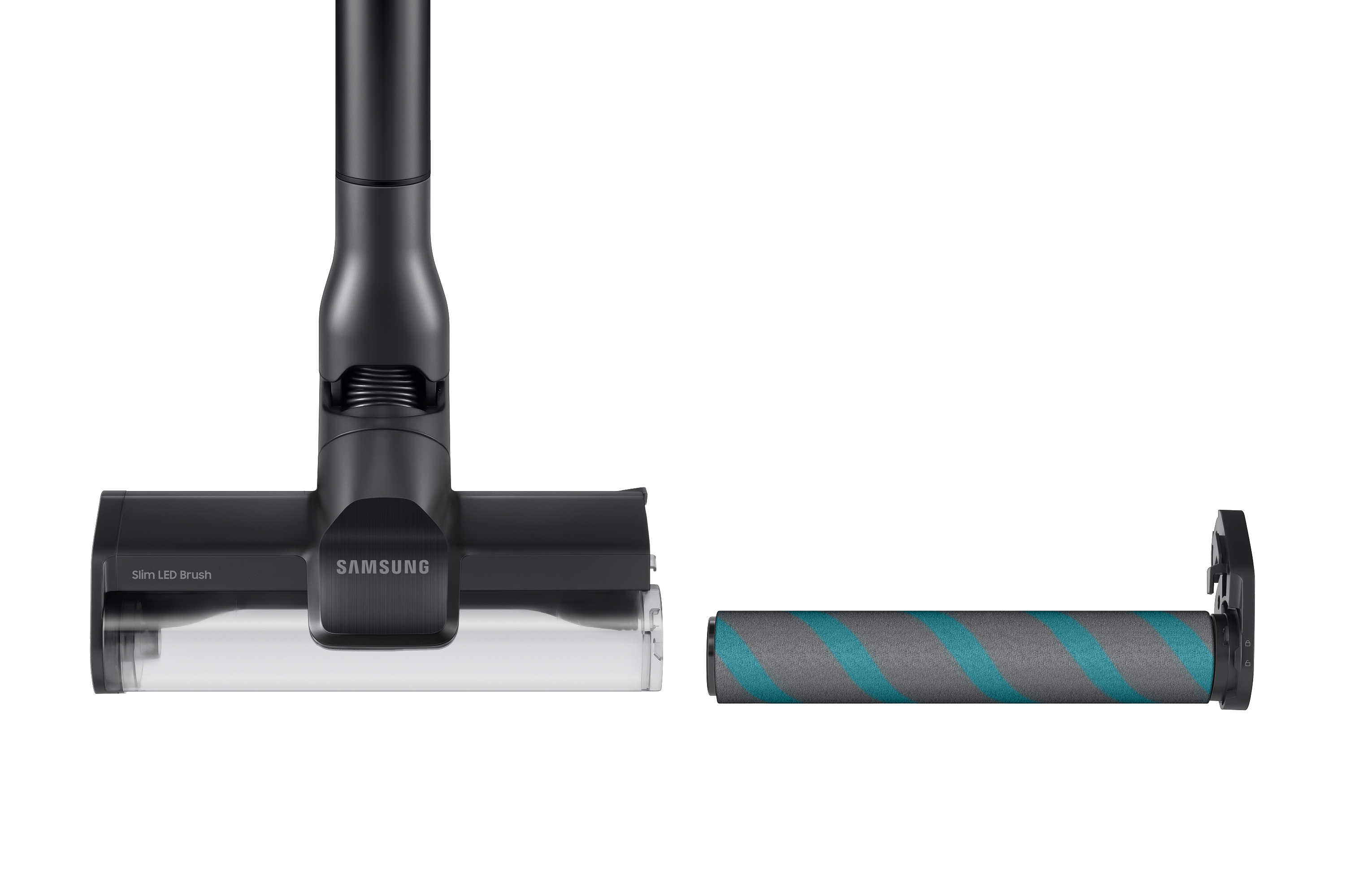 Schwarzer Samsung Staubsaugerkopf und -walze auf weißem Hintergrund.