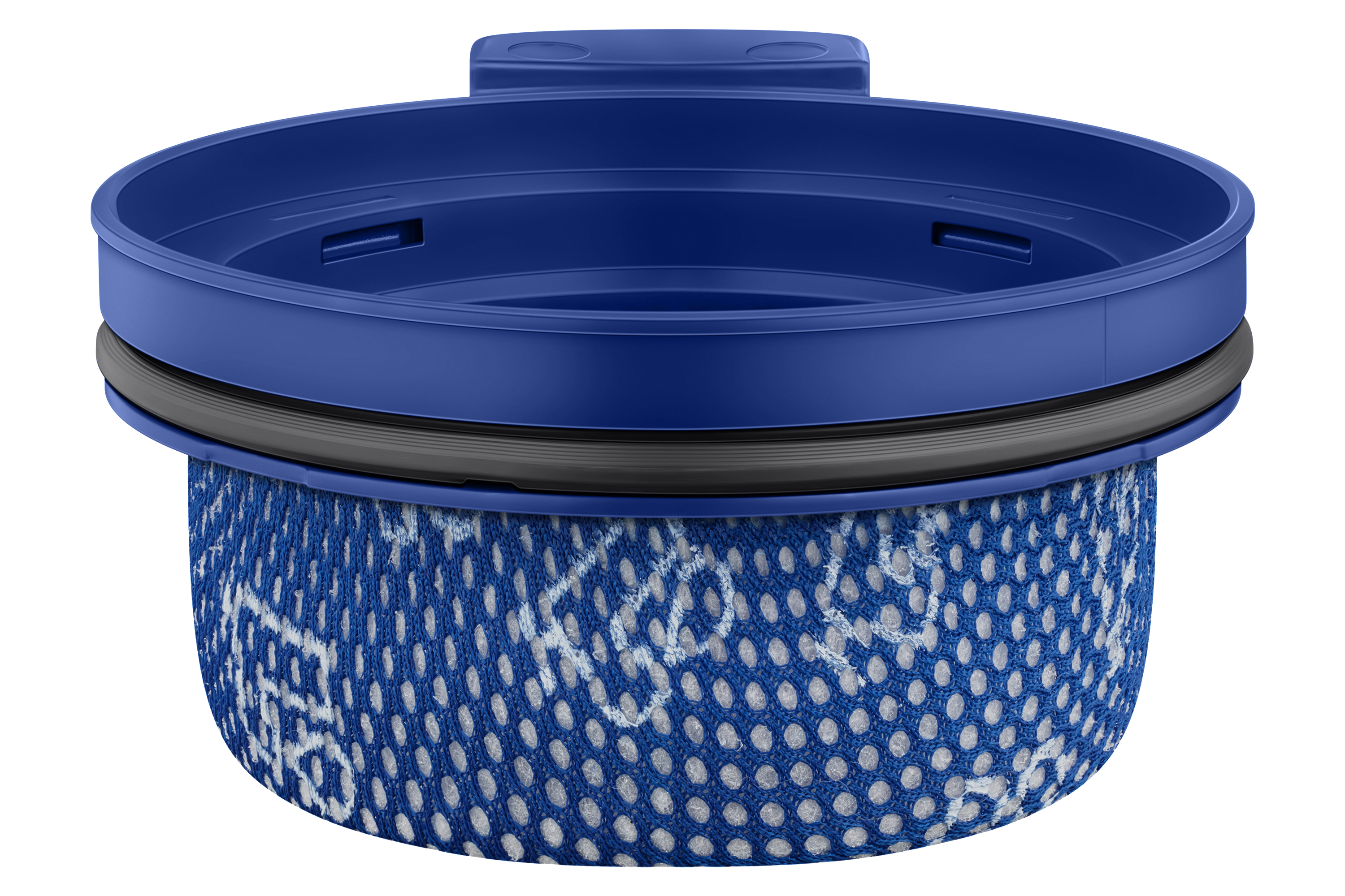 Blauer Staubsaugerfilter mit blauem Oberteil und weißem, gepunktetem Netz.