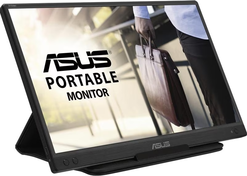Tragbarer Asus-Monitor auf einem Ständer mit Aktentasche im Hintergrund.