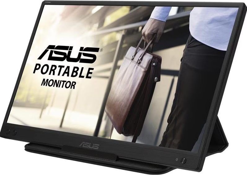 Ein tragbarer ASUS-Monitor, der eine Person mit einer Aktentasche zeigt.