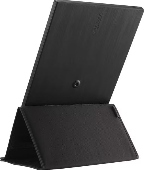 Eine schwarze Tablet-Hülle, angewinkelt geöffnet, um den Bildschirm anzuzeigen, mit dem ASUS-Logo sichtbar.