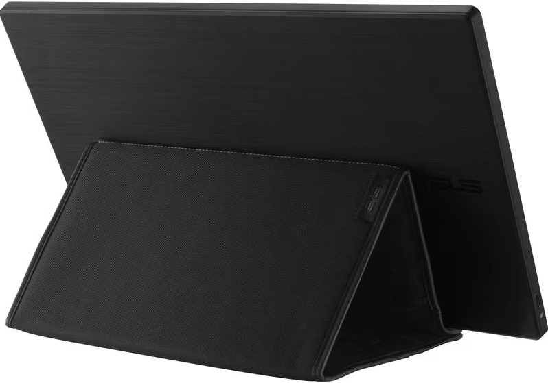 Rückansicht eines tragbaren ASUS-Monitors. Er ist als Ständer aufgestellt.
