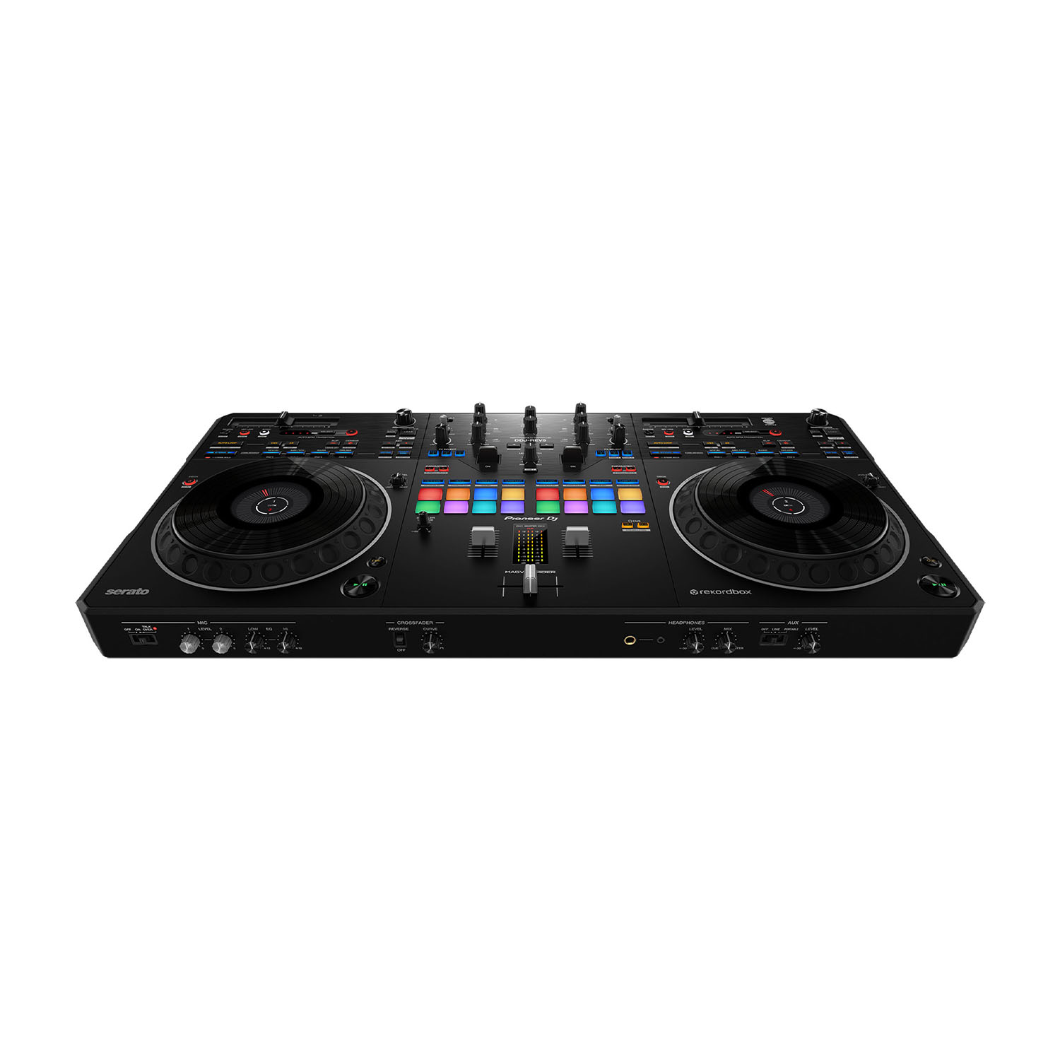 Controller DJ nero con due giradischi e un pannello di controllo centrale. Sfondo bianco.