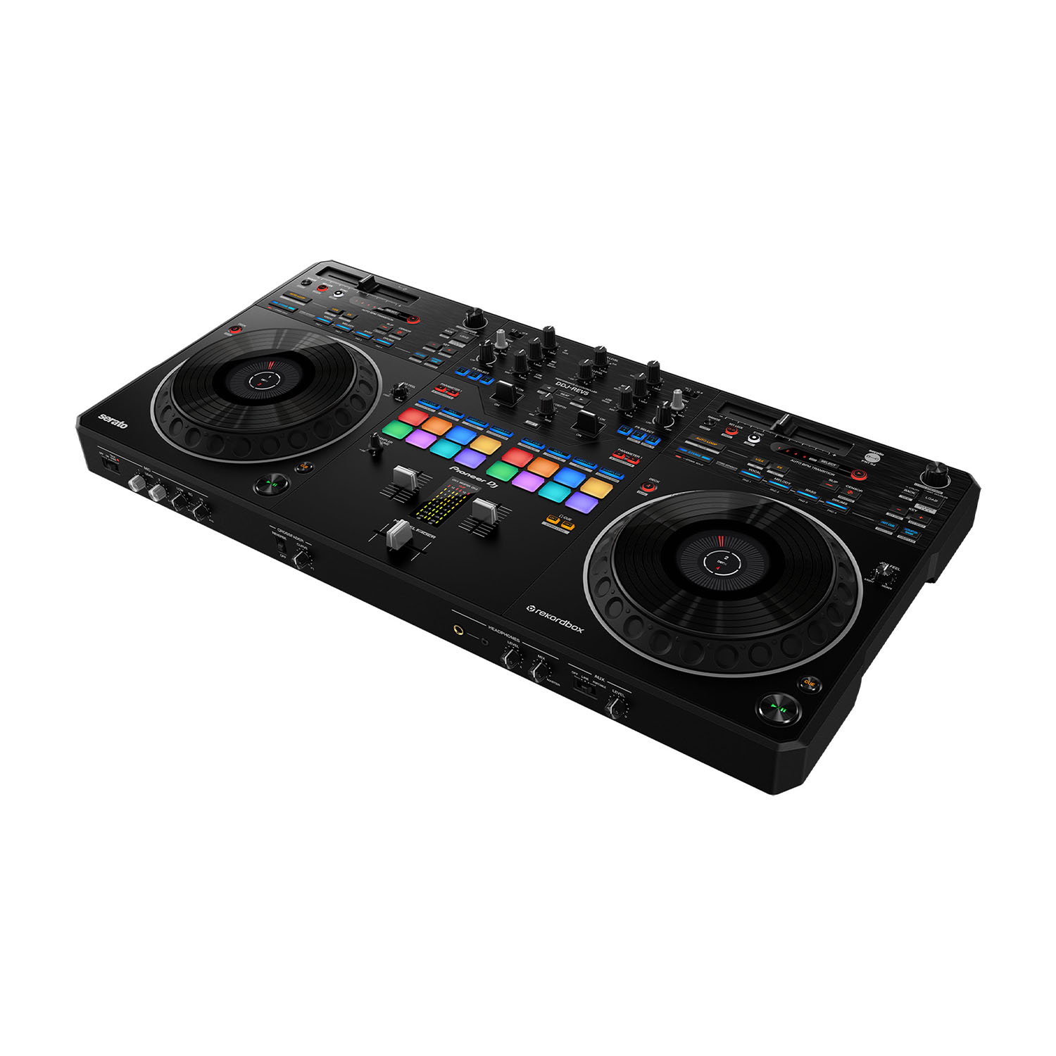 Controller DJ nero con due giradischi, pulsanti e sezione di missaggio centrale.