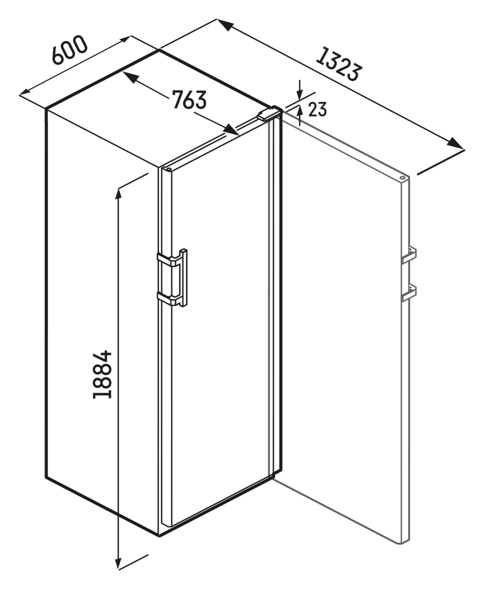 Diagramm einer Duschtür. Die Maße sind in Millimetern angegeben. Die Tür ist geöffnet.