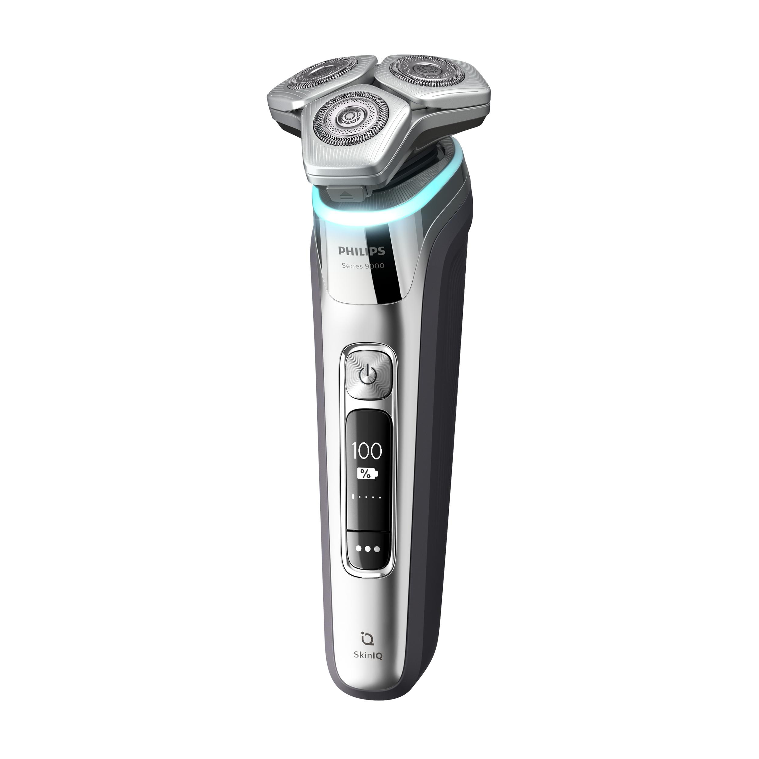 Silberner Philips Elektrorasierer mit drei rotierenden Köpfen, Display und Ein-/Aus-Taste.