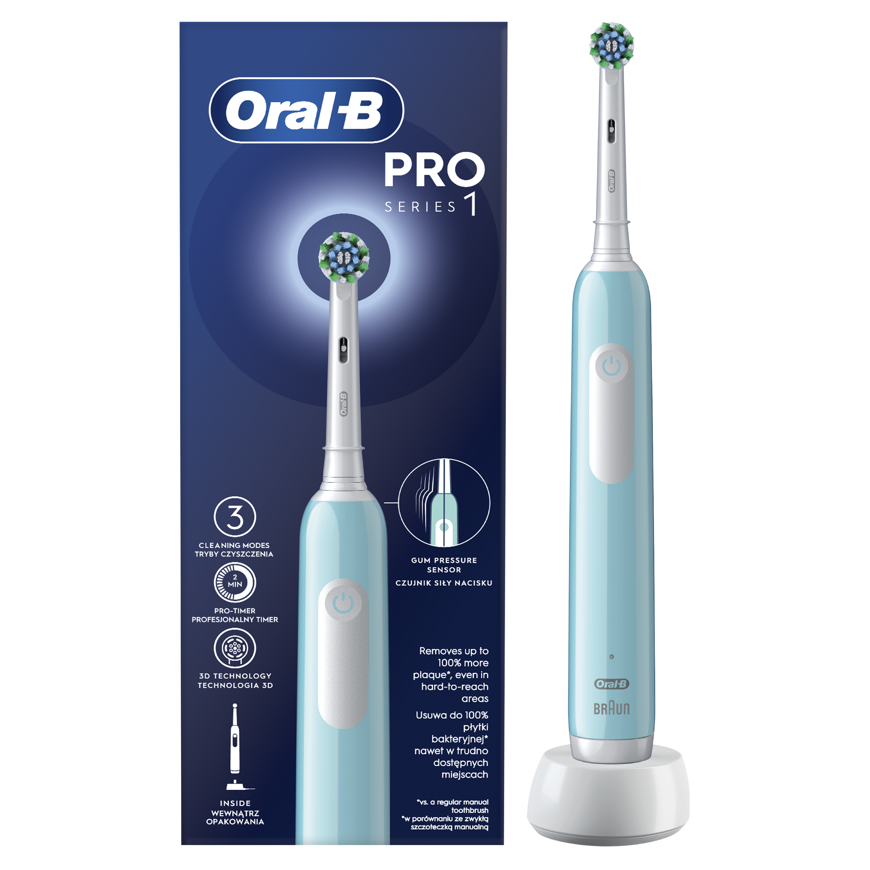Oral-B Pro Series 1 elektromos fogkefe doboz és fogkefe. A doboz a jellemzőket és előnyöket sorolja fel.