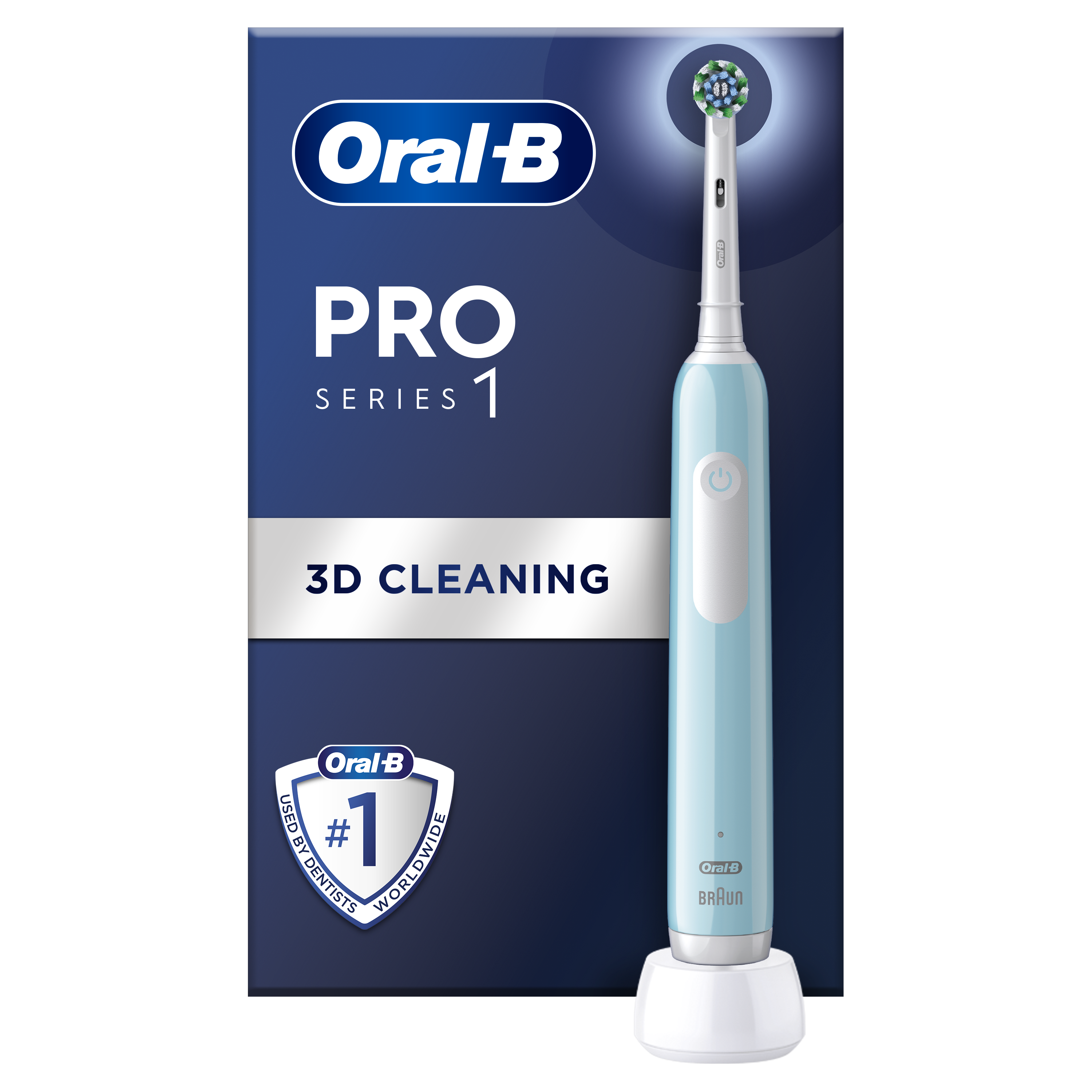 Egy elektromos fogkefe egy állványon, és egy doboz a következő szöveggel: Oral-B Pro Series 1.