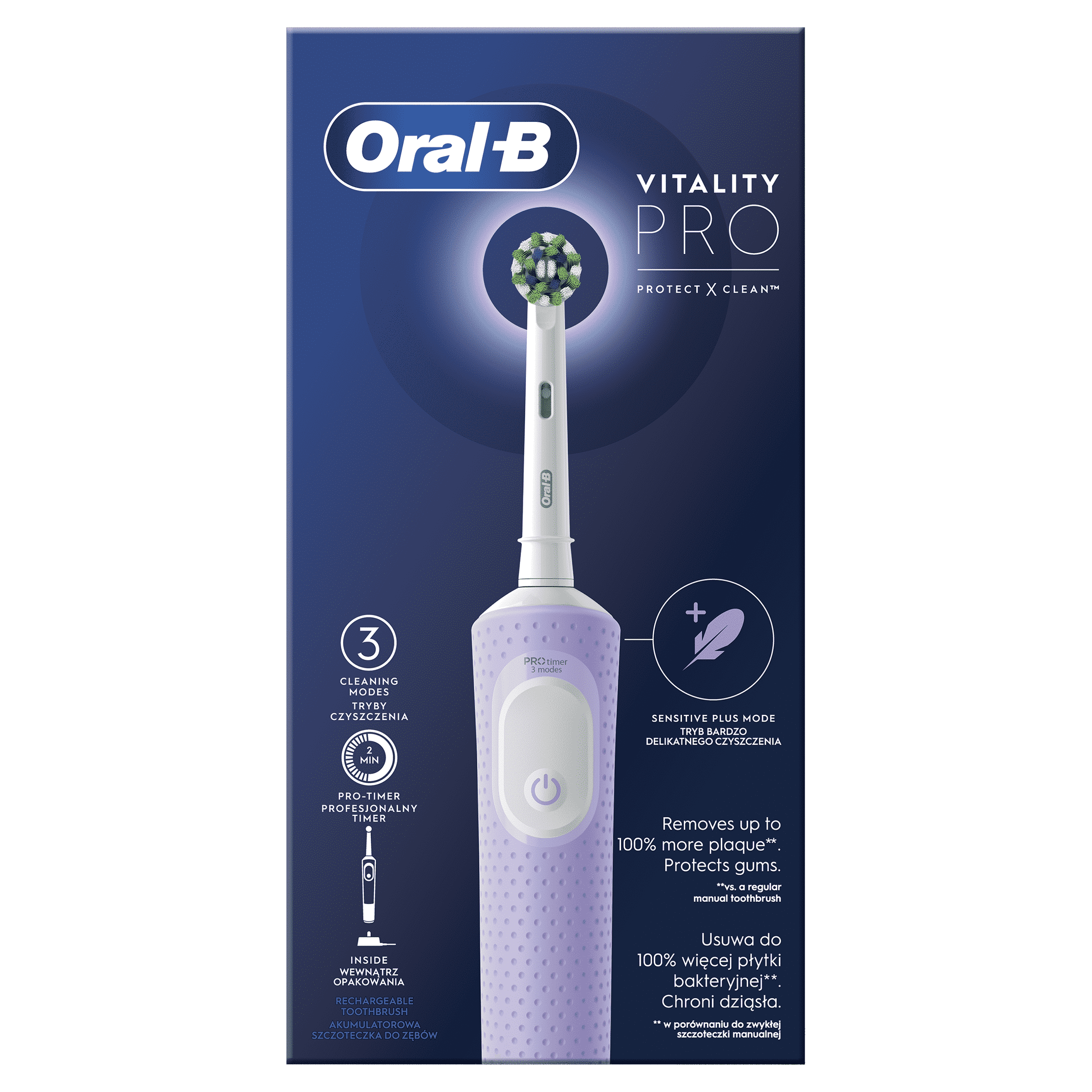 Egy Oral-B Vitality Pro elektromos fogkefe egy dobozban. Lila nyele és zöld kefefej van.