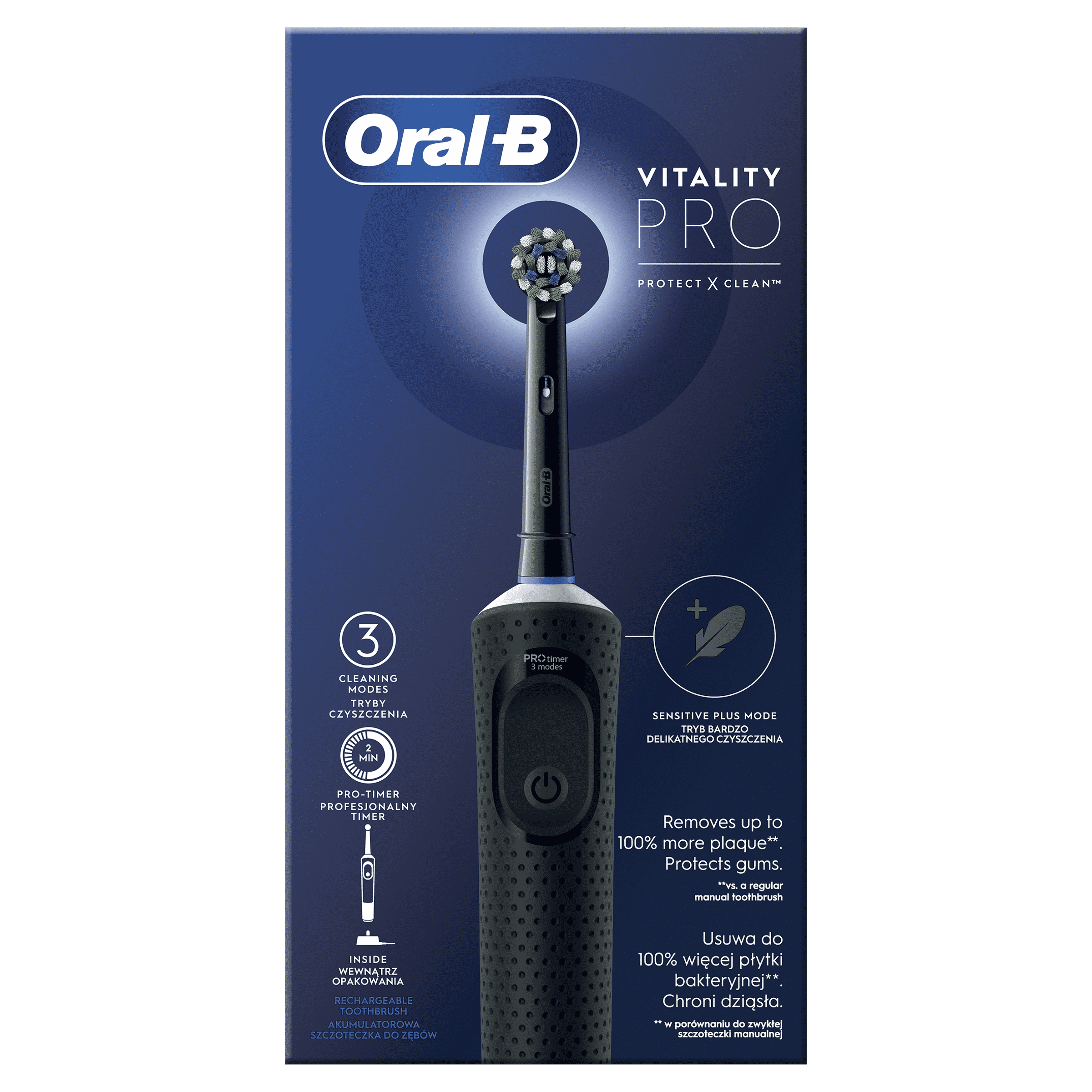 Oral-B Vitality Pro elektromos fogkefe csomagolásban. Jellemzők: tisztítási módok és ínyvédelem.
