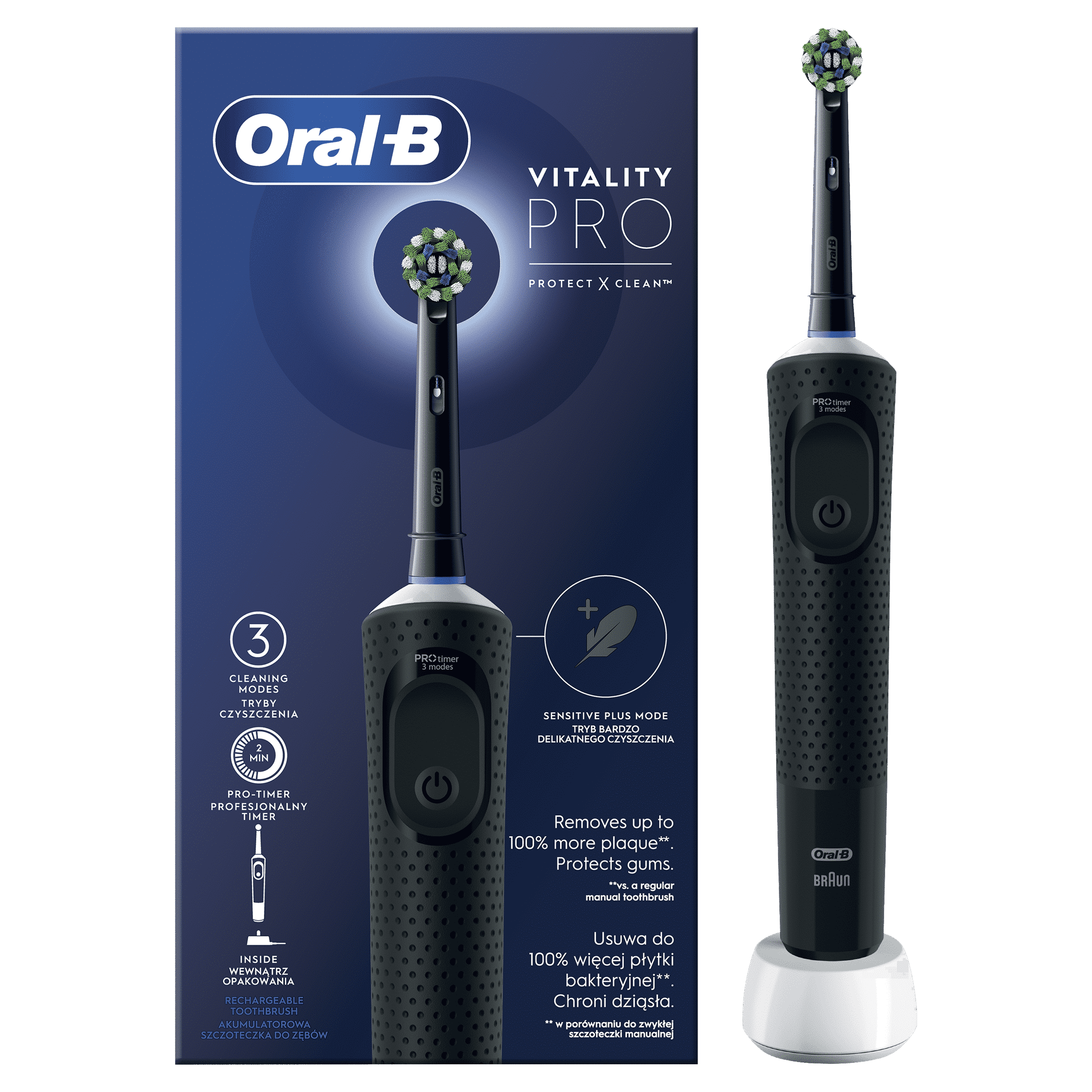 Egy Oral-B Vitality Pro elektromos fogkefe a dobozzal. A fogkefe fekete-fehér.