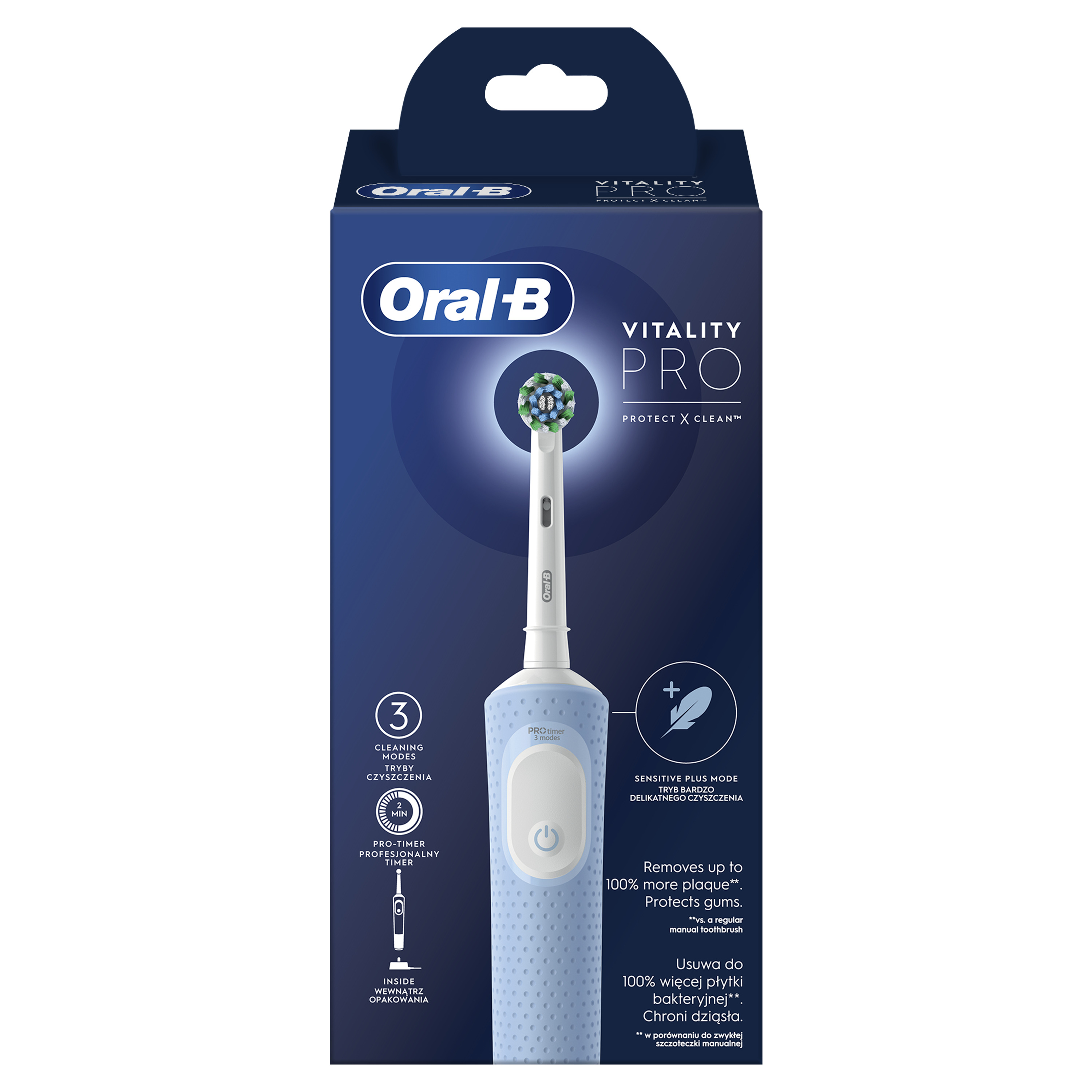 Oral-B Vitality Pro elektromos fogkefe dobozban. A doboz a kefét és annak jellemzőit mutatja.