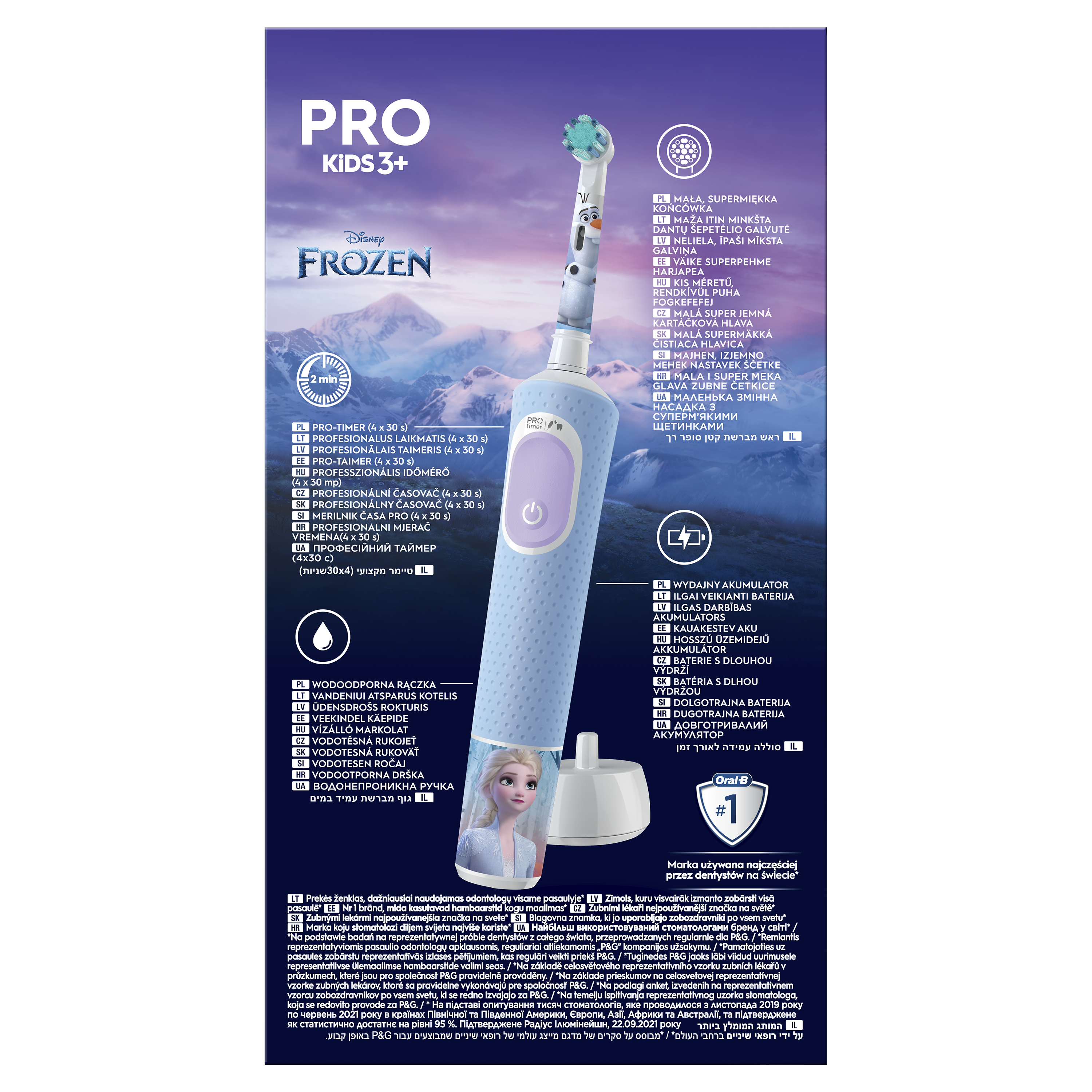Kék Pro Kids 3+ Frozen fogkefe Disney Frozen témával, fekete háttéren.