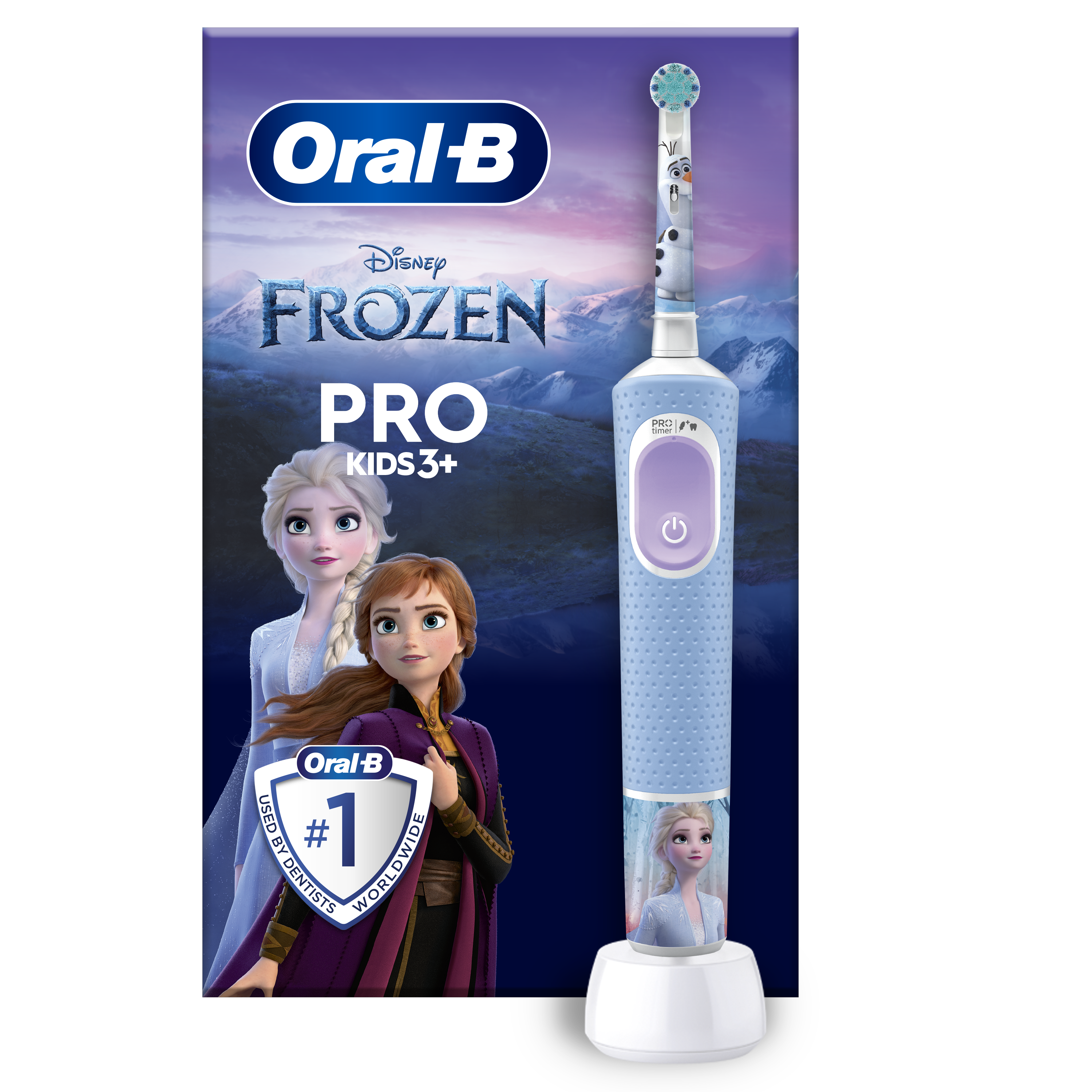 Egy Oral-B Disney Frozen fogkefe. A fogkefe világoskék, és Elsa és Anna képeit tartalmazza.