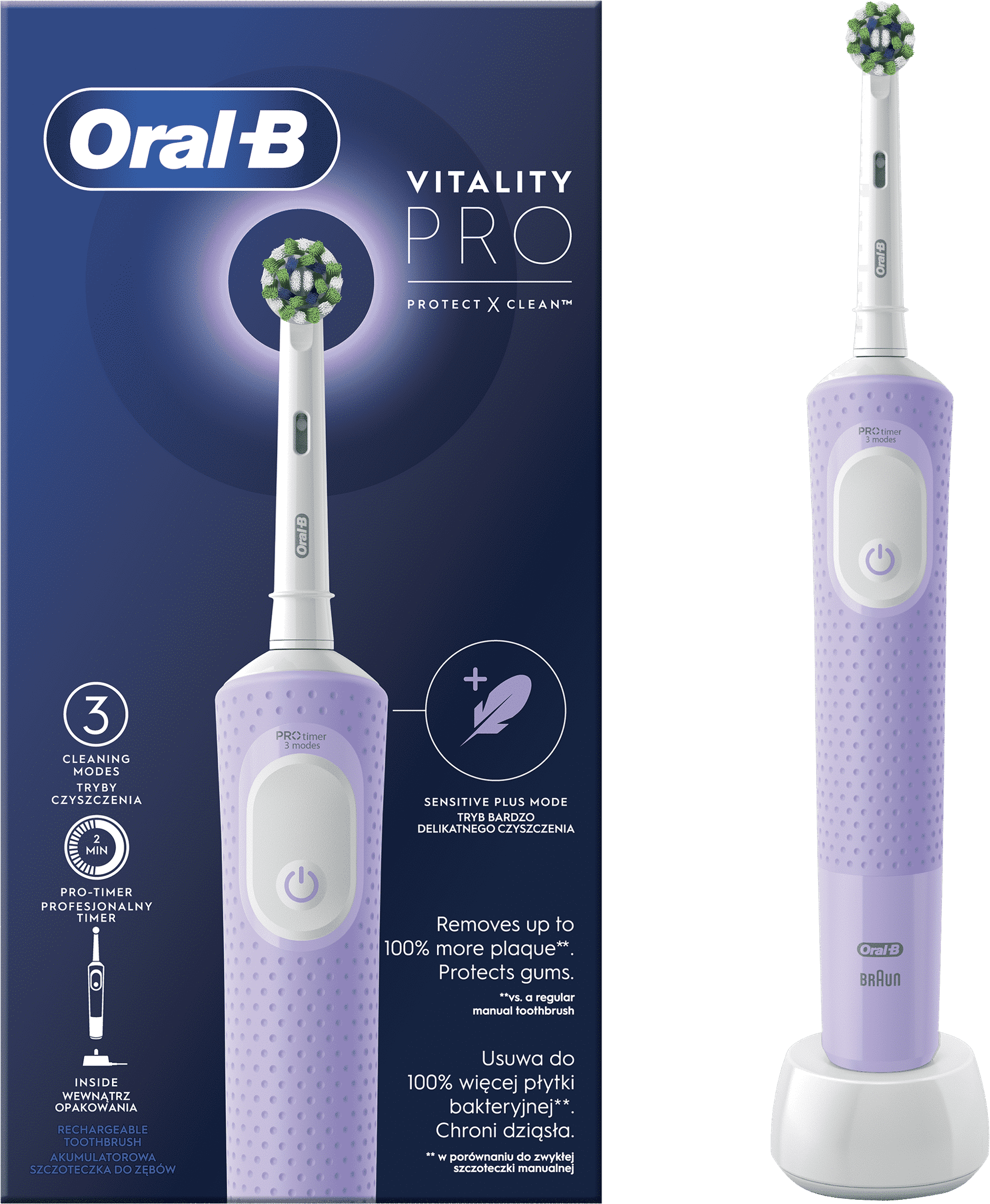 Lila Oral-B elektromos fogkefe, három tisztítási móddal. A termék fehér állványon van.
