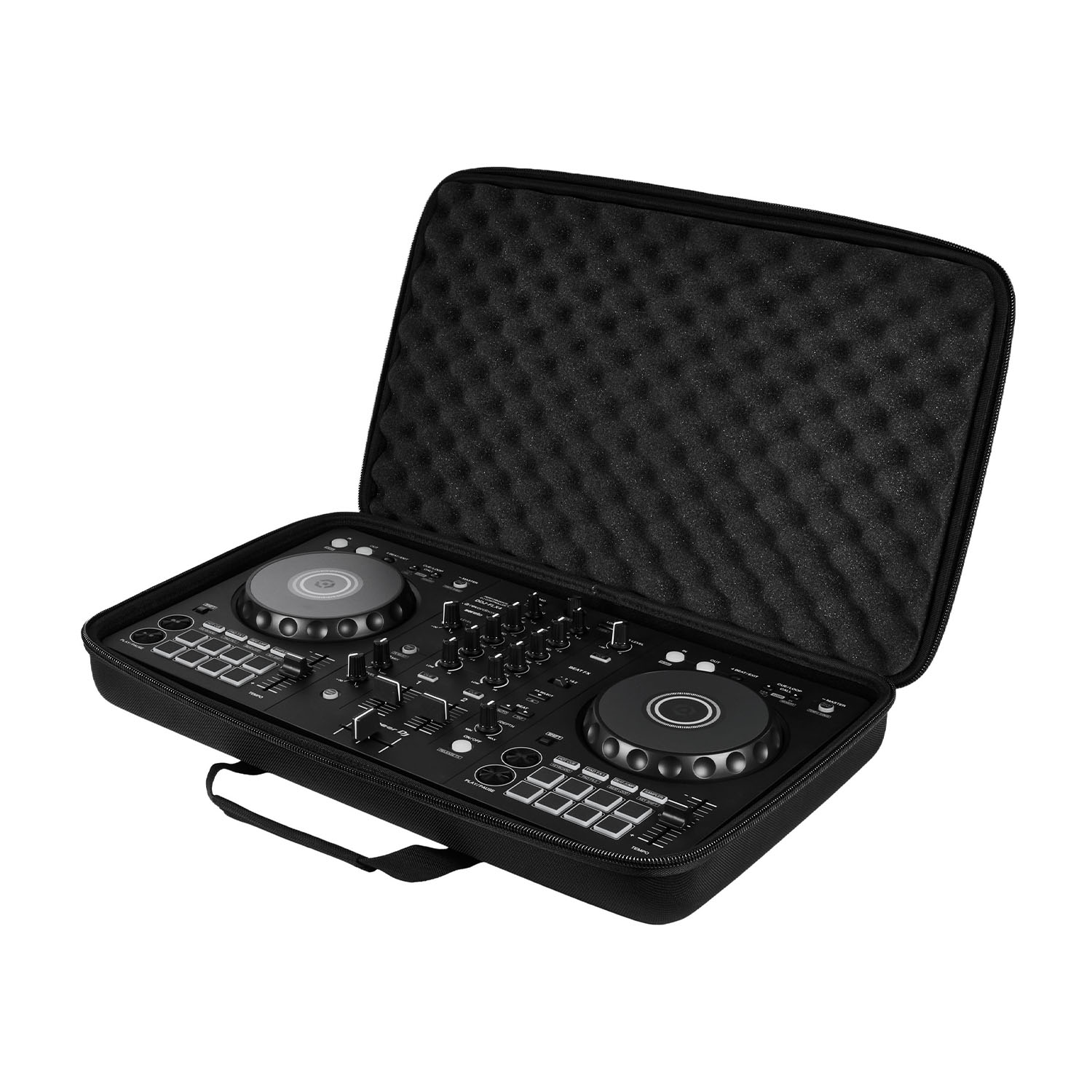 Controller DJ in una custodia nera aperta. Superficie nera con manopole.