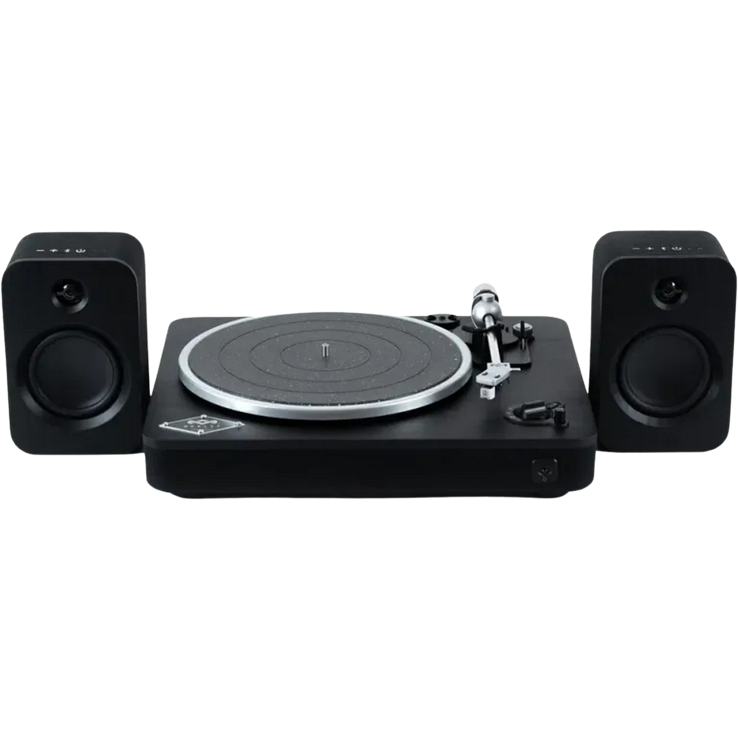 Platine noire avec deux haut-parleurs noirs. La platine est au centre de l'image.