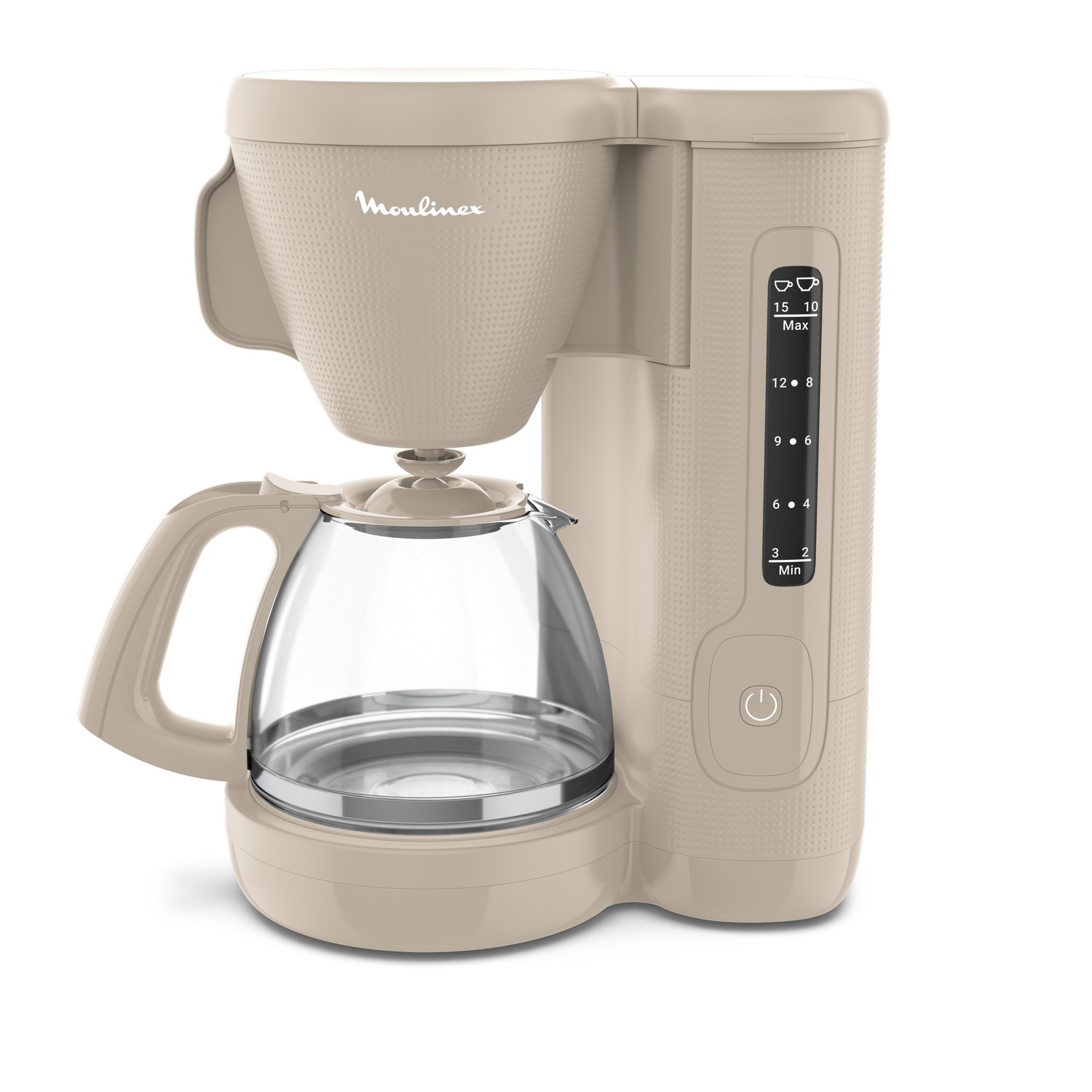 Beige Moulinex coffee maker. It has a glass carafe and controls on the side.
