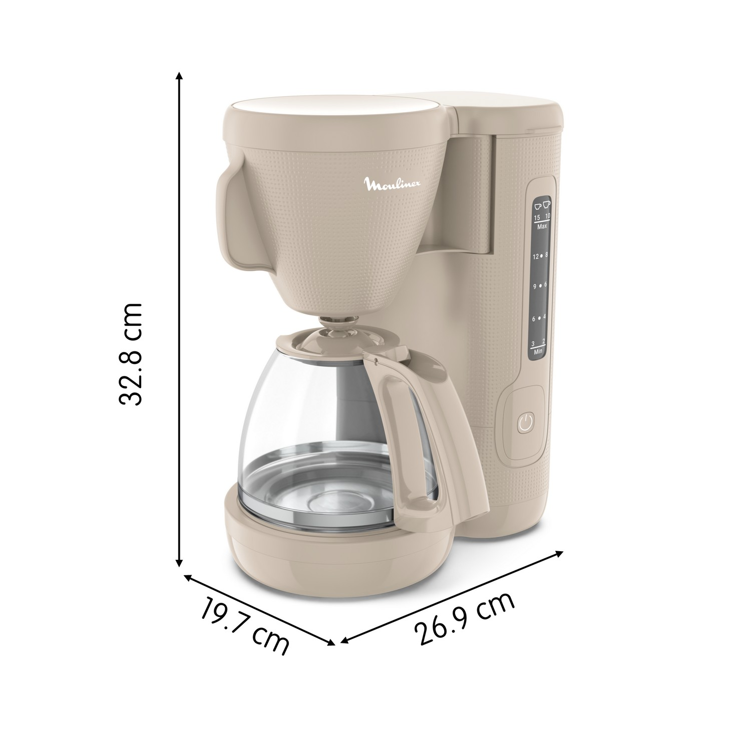 Beige coffee machine with dimensions labeled. It has a carafe and a water reservoir.