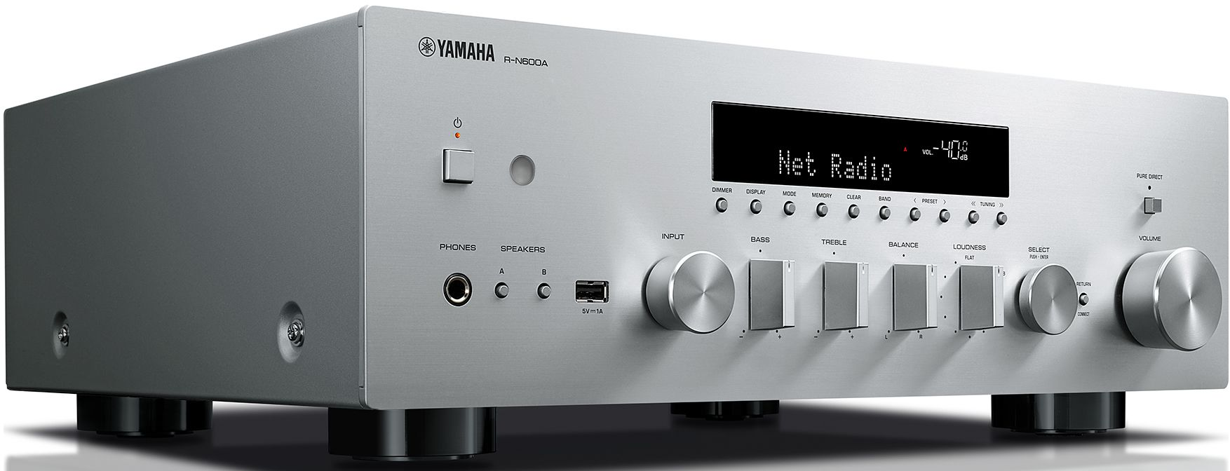 Silberner Yamaha-Stereo-Receiver mit Knöpfen, Reglern und einem Display mit 'Net Radio'.