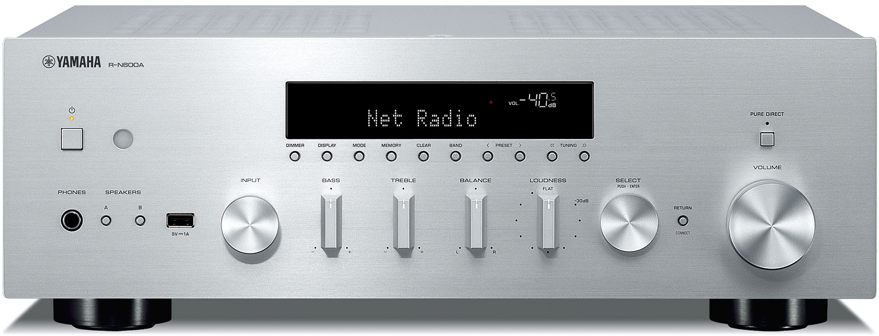Ein silberner Stereo-Receiver mit Display und Knöpfen.